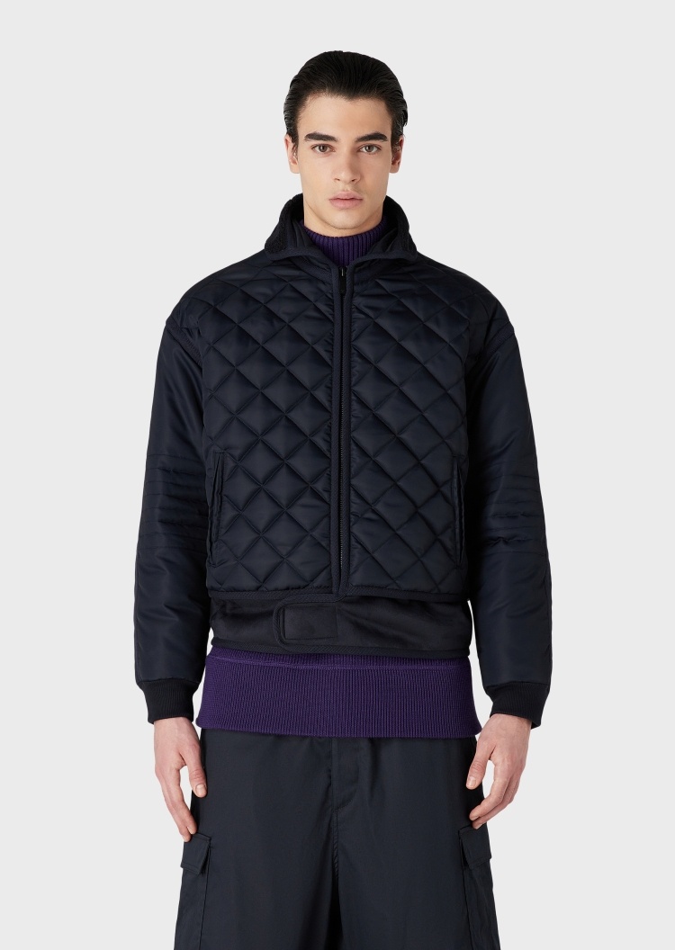 Emporio Armani 男士翻领菱形绗缝魔术贴下摆纯色拉链棉服