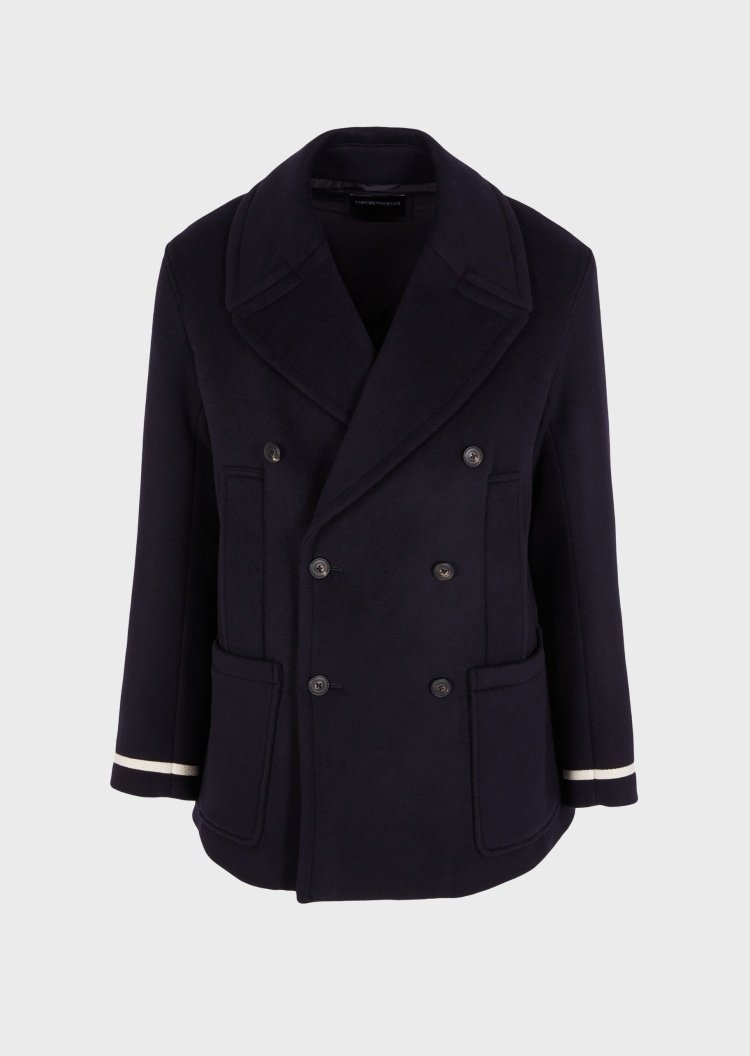 Emporio Armani 男士全羊毛双排扣宽翻领镶边袖口大衣式棉服