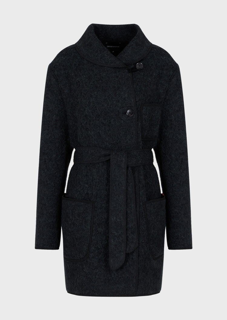 Emporio Armani 女士偏心式前襟绵羊毛翻领束腰大衣外套