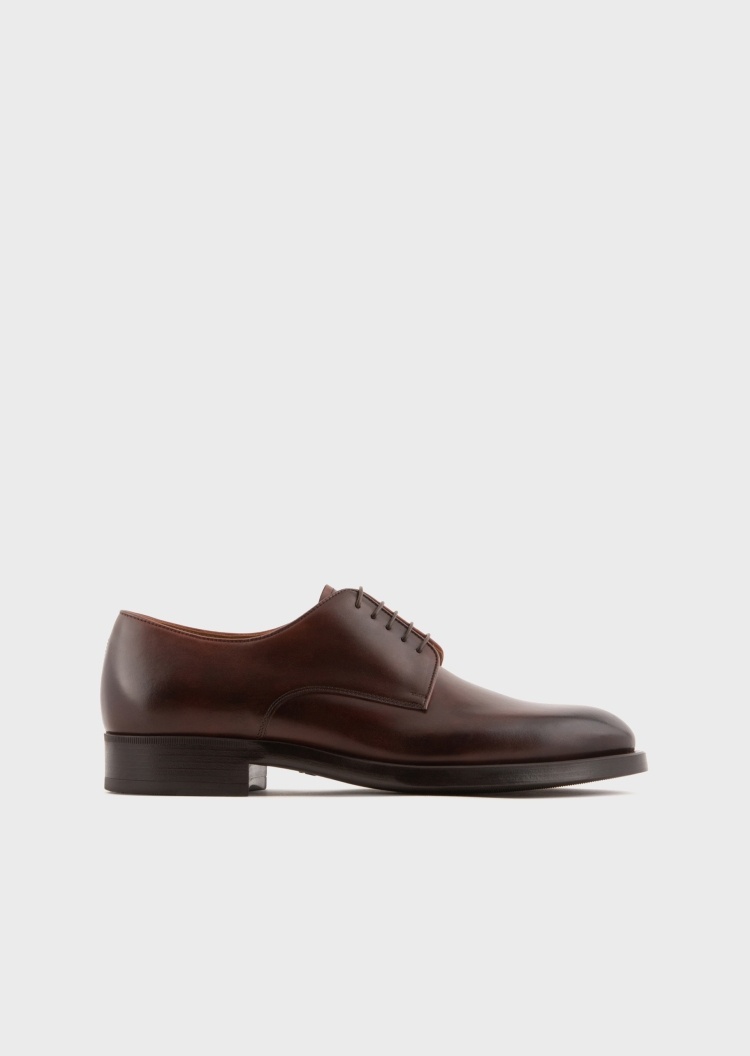 Giorgio Armani 男士休闲商务光泽感犊牛皮革低帮复古系带鞋