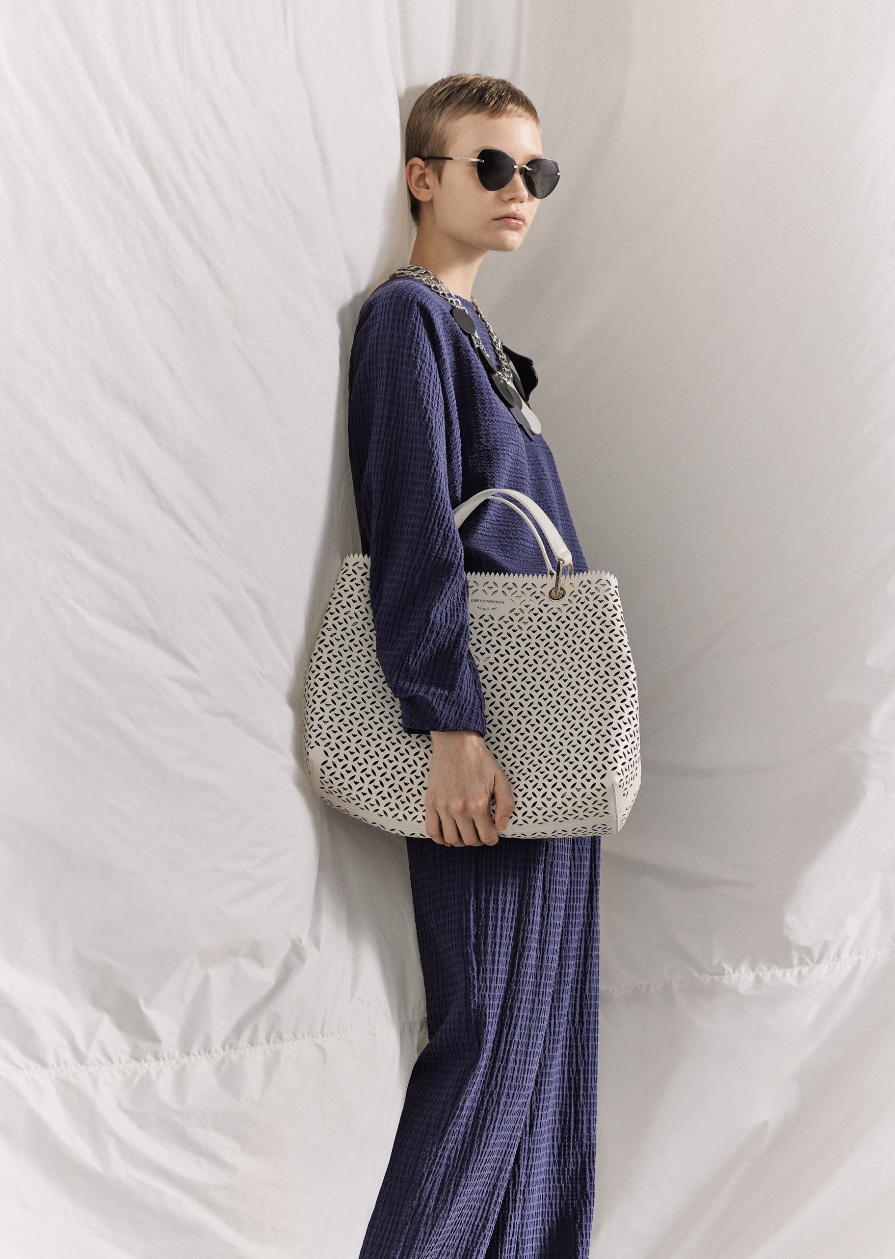 Emporio Armani 泡泡纱褶裥阔腿休闲裤