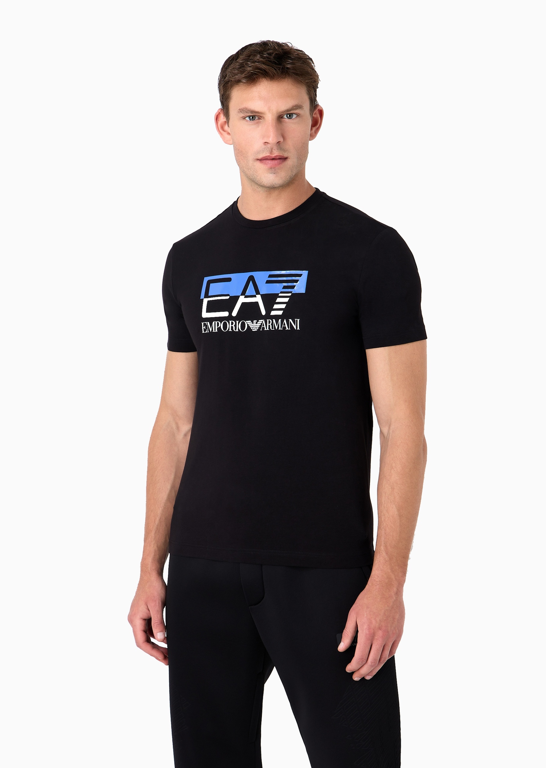 EA7 男士拼色印花弹力纯棉圆领短袖运动T恤