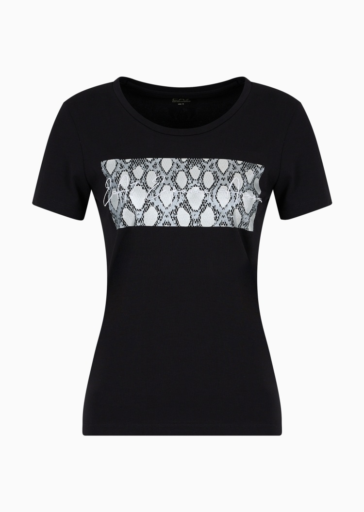 EA7 女士蛇纹印花嵌片弹力纯棉圆领短袖运动T恤