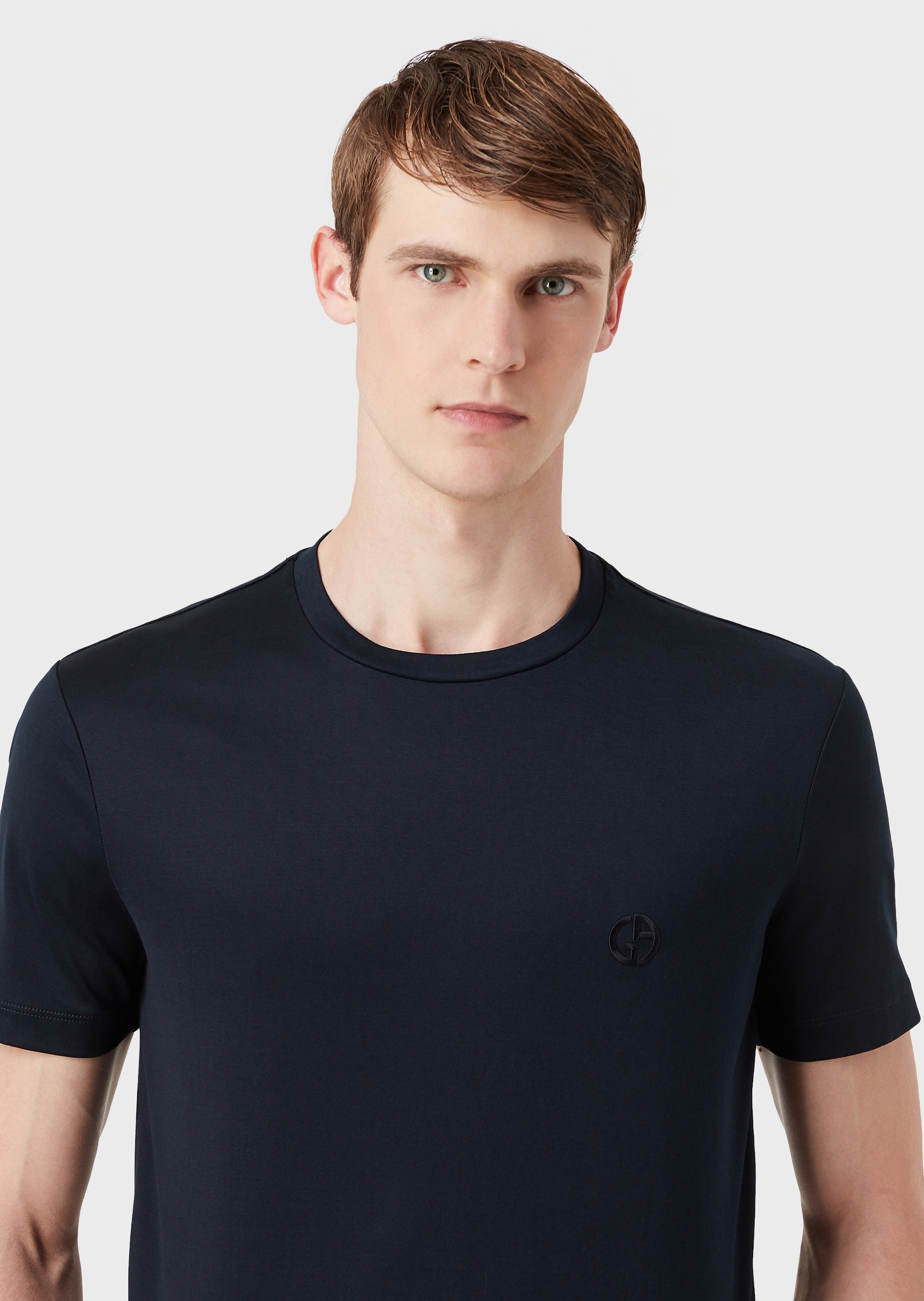 Giorgio Armani 男士全棉合身短袖圆领单色徽标刺绣T恤
