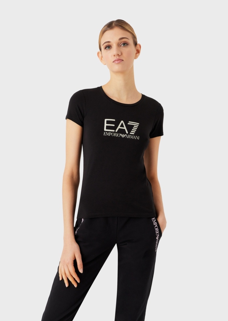 EA7 女士纯棉弹力修身短袖圆领健身训练印花T恤