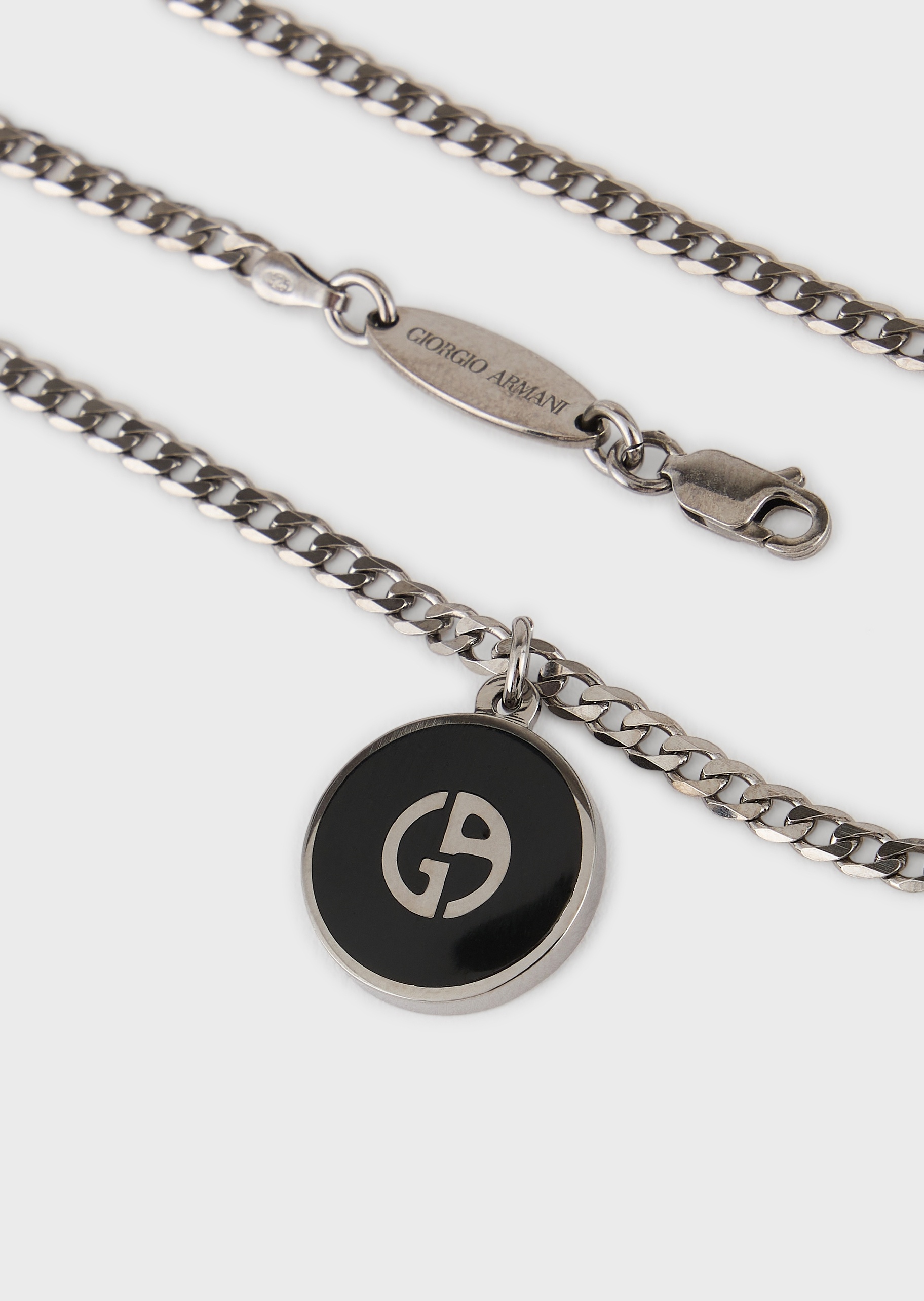 Giorgio Armani 男士立体扁平链条银质圆形珐琅吊坠项链