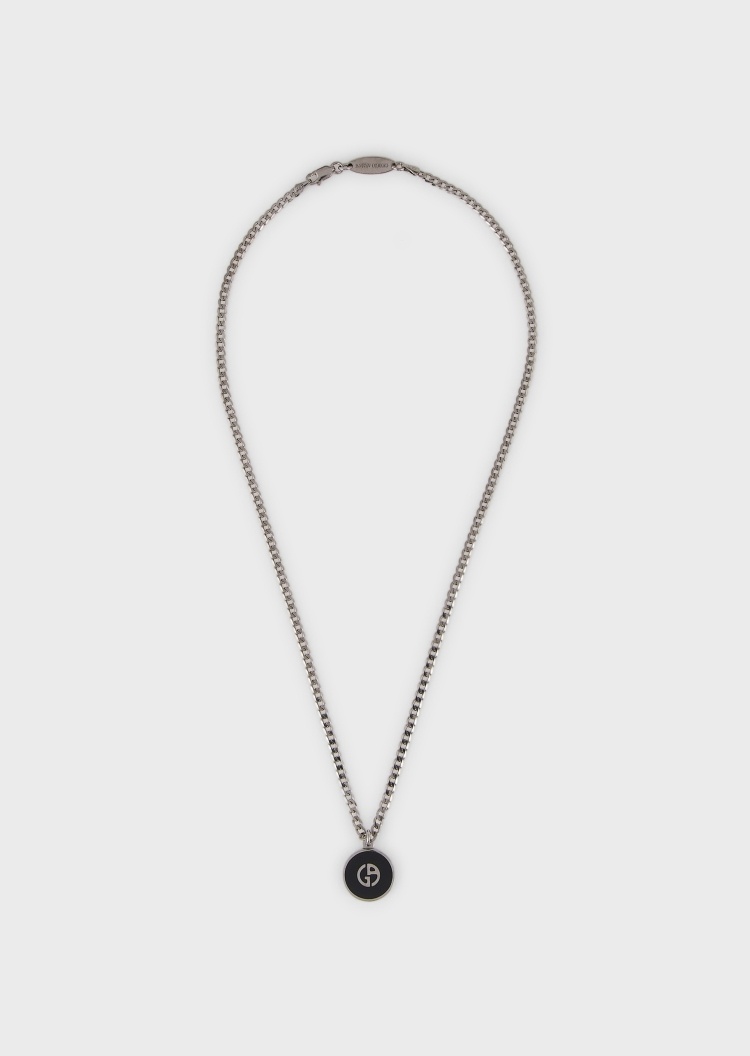 Giorgio Armani 男士立体扁平链条银质圆形珐琅吊坠项链