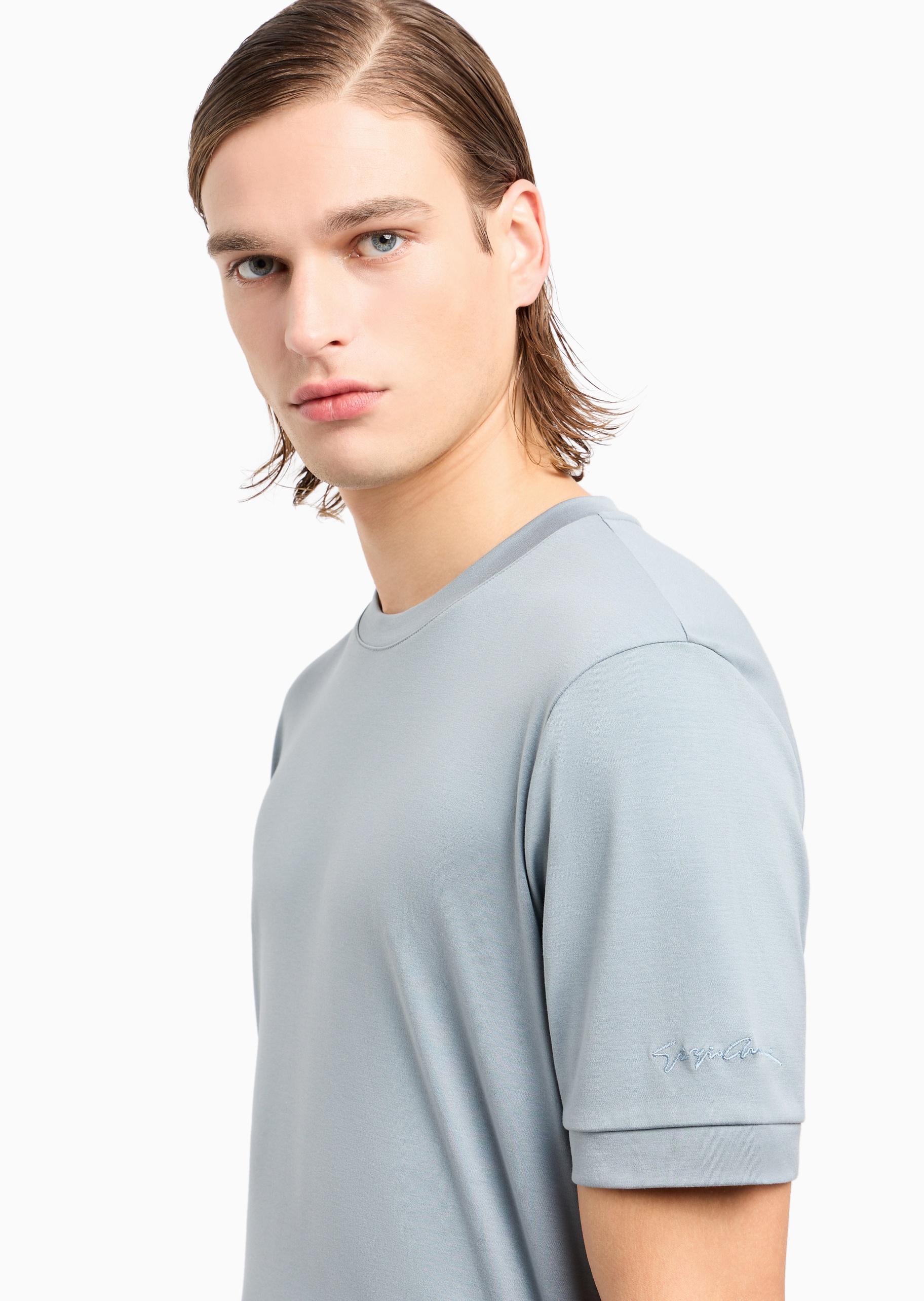 Giorgio Armani 男士全棉合身短袖圆领刺绣纯色T恤