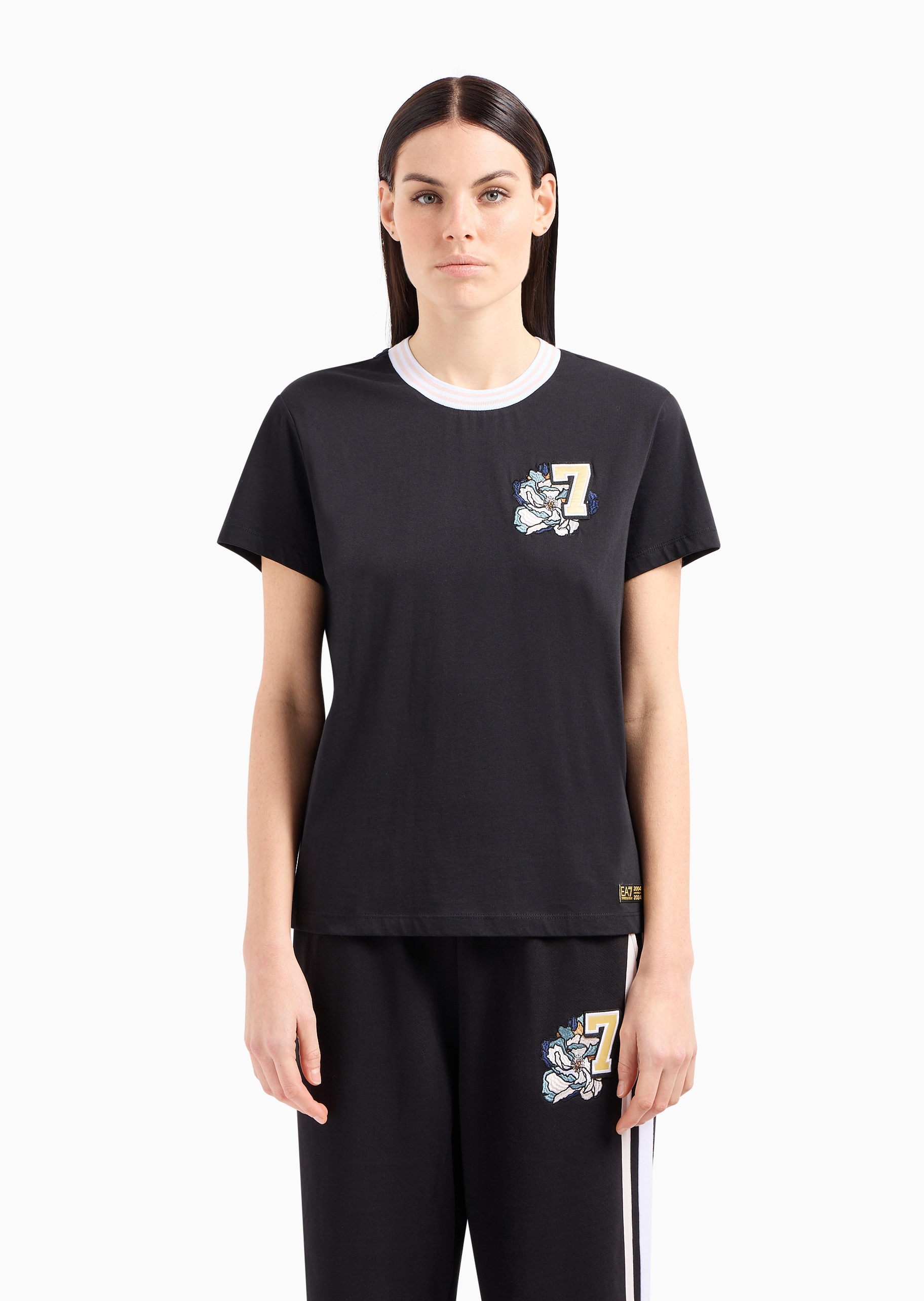 EA7 女士全棉合身短袖圆领花卉刺绣健身T恤