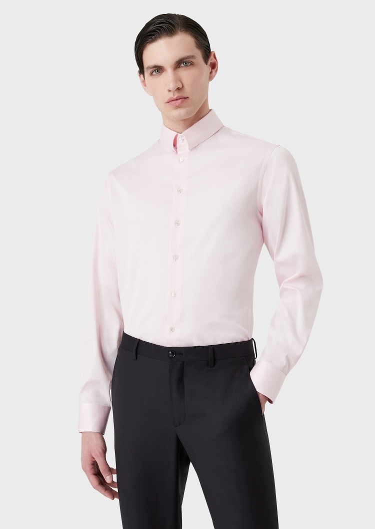 Giorgio Armani 男士休闲商务修身全棉小方领长袖纯色衬衫