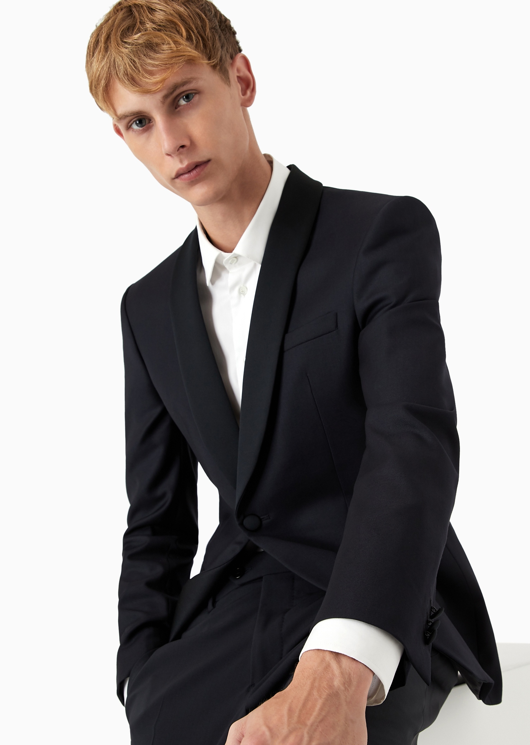Emporio Armani 男士全绵羊毛合身长袖青果领西装外套