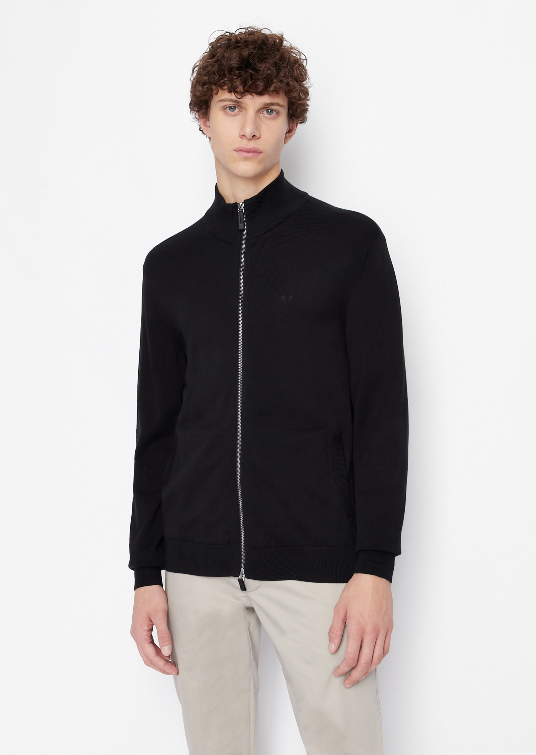ARMANI EXCHANGE 男士纯色全棉立领针织开衫