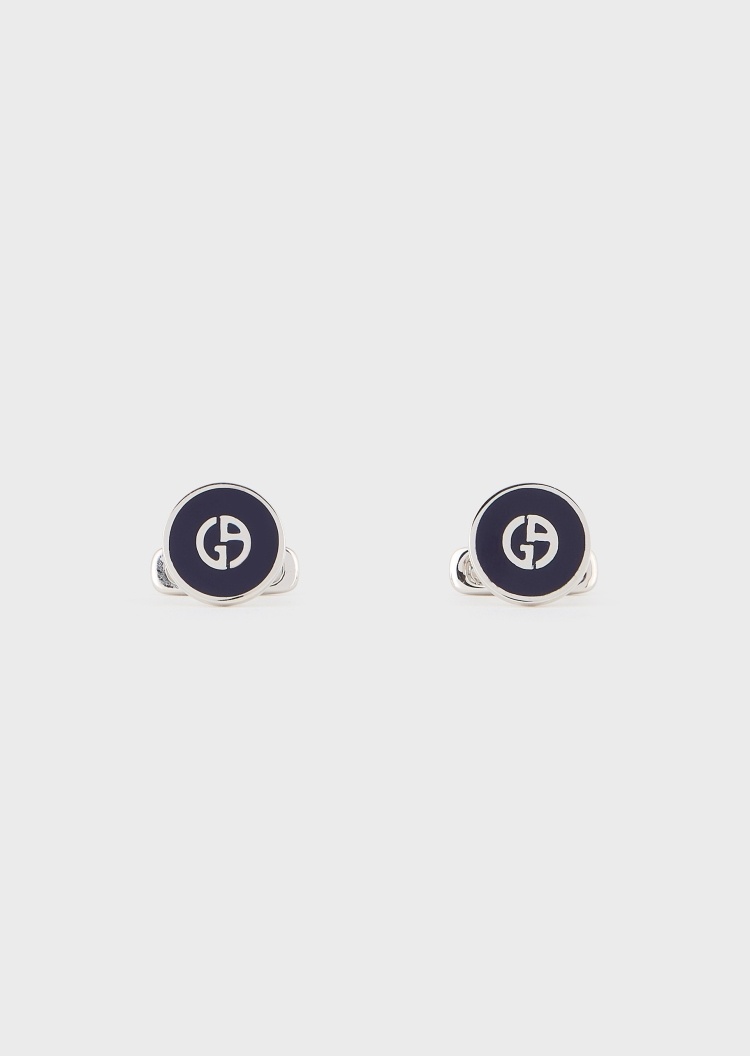 Giorgio Armani 男士银质珐琅圆形镌刻LOGO袖扣