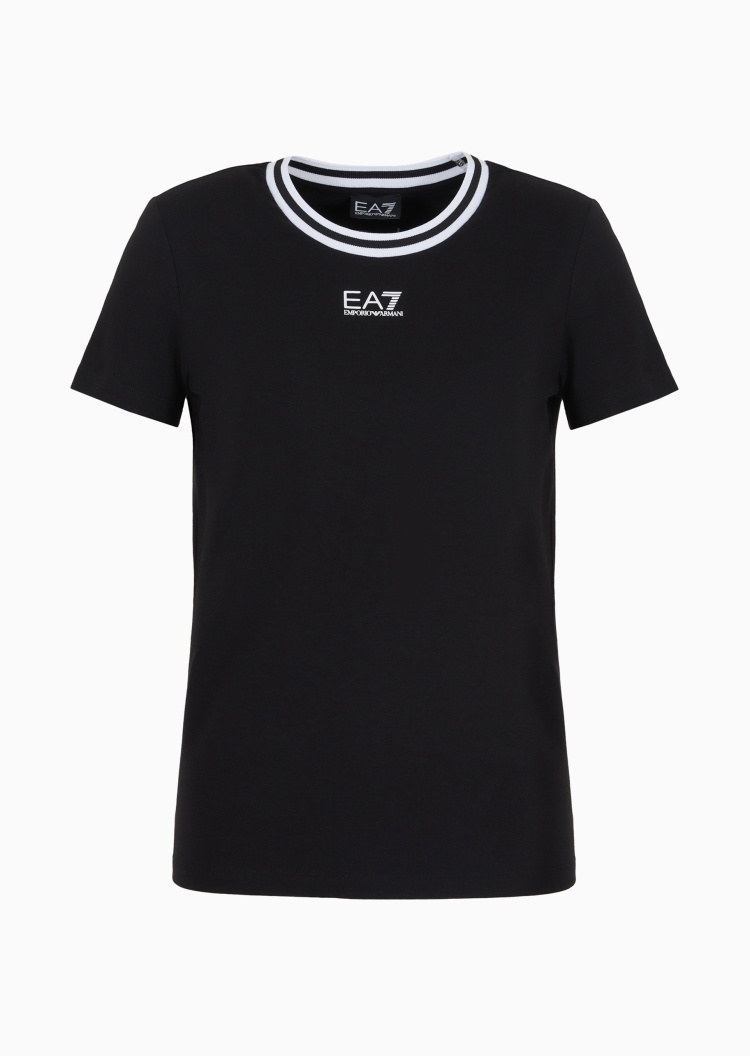 EA7 女士棉质弹力合身短袖圆领条纹饰边健身T恤