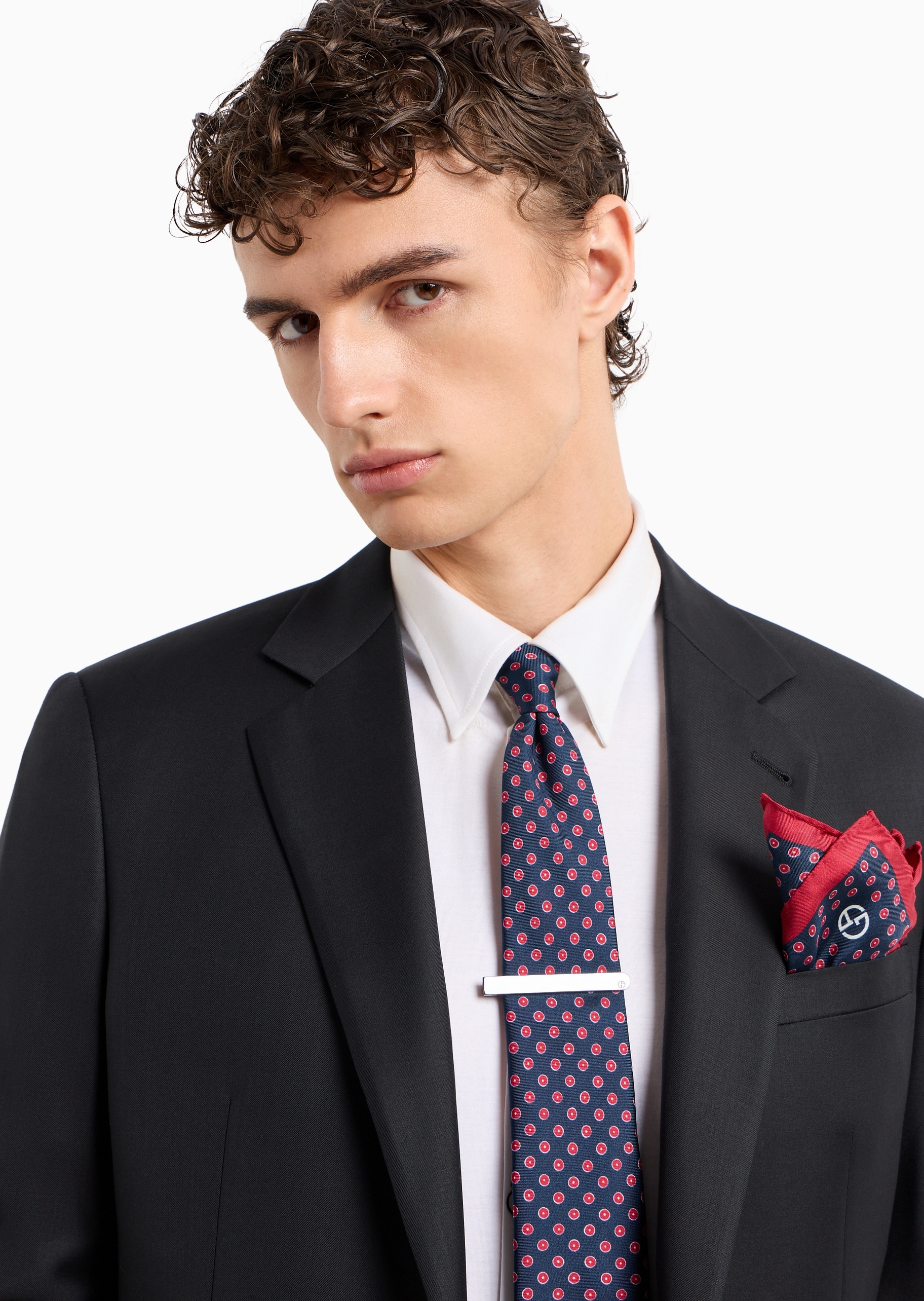 Giorgio Armani 男士银质配链条夹扣LOGO素色领带夹