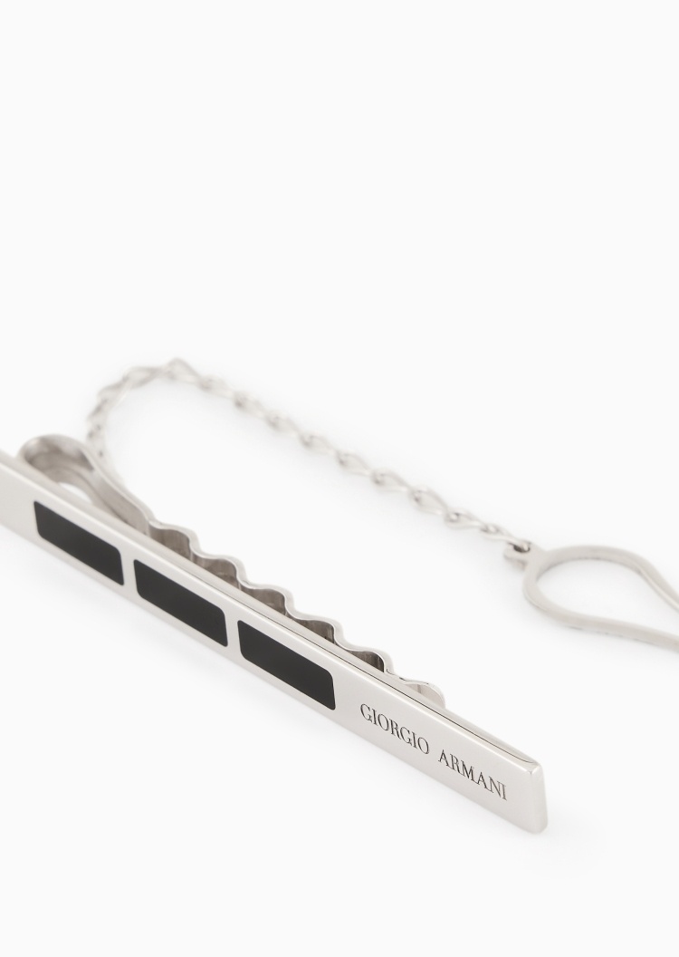 Giorgio Armani 男士银质配链条夹扣撞色搪瓷嵌饰领带夹