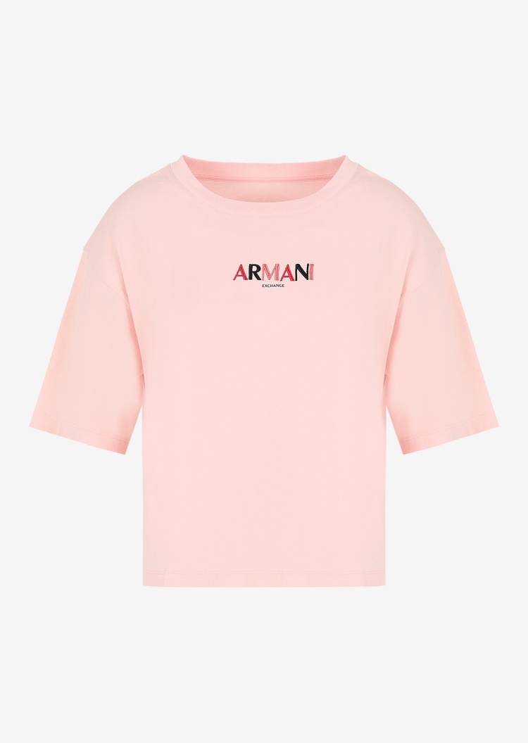 ARMANI EXCHANGE 女士全棉罗纹圆领宽松落肩多色刺绣T恤