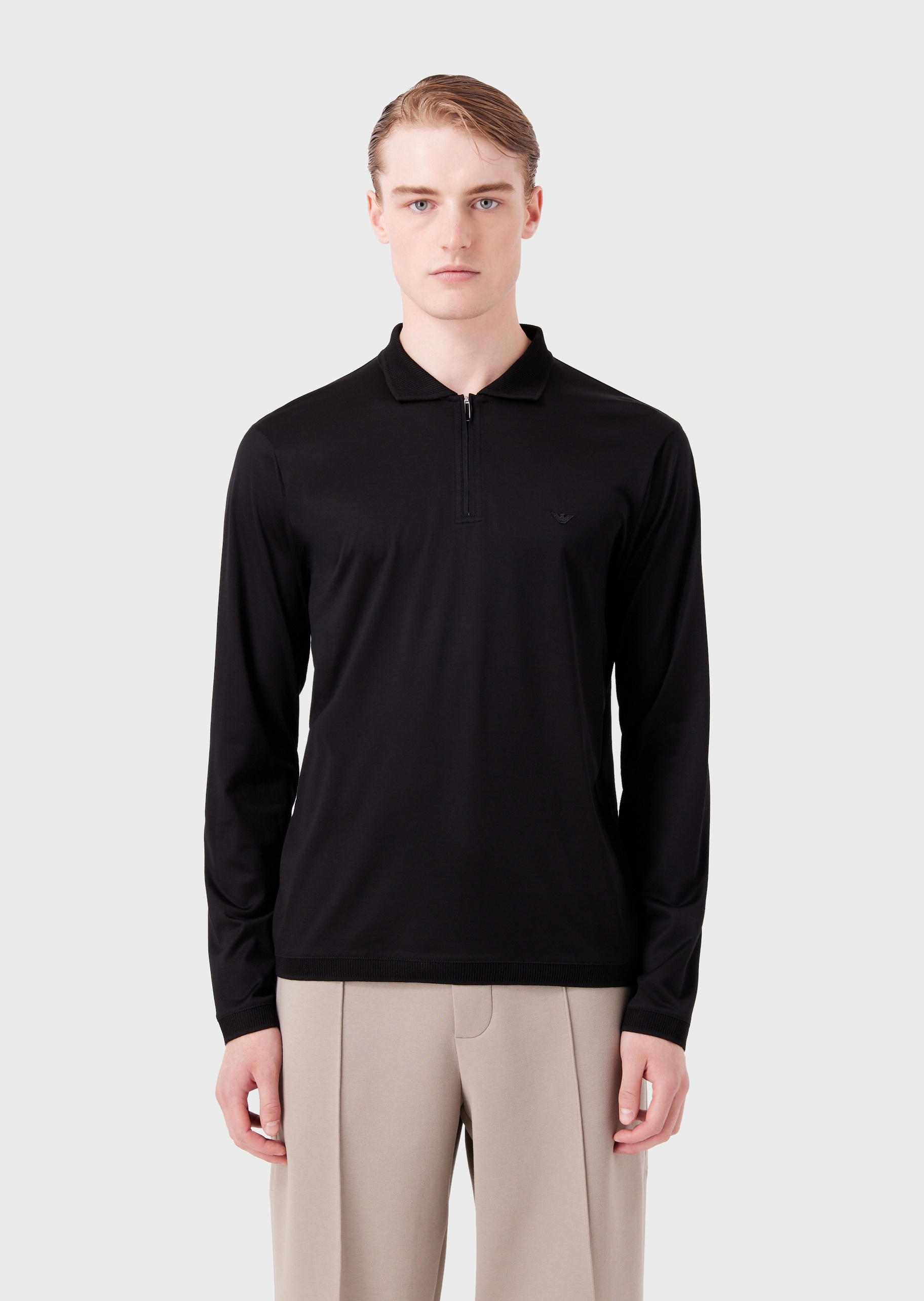 Emporio Armani 半拉链纯色长袖Polo衫