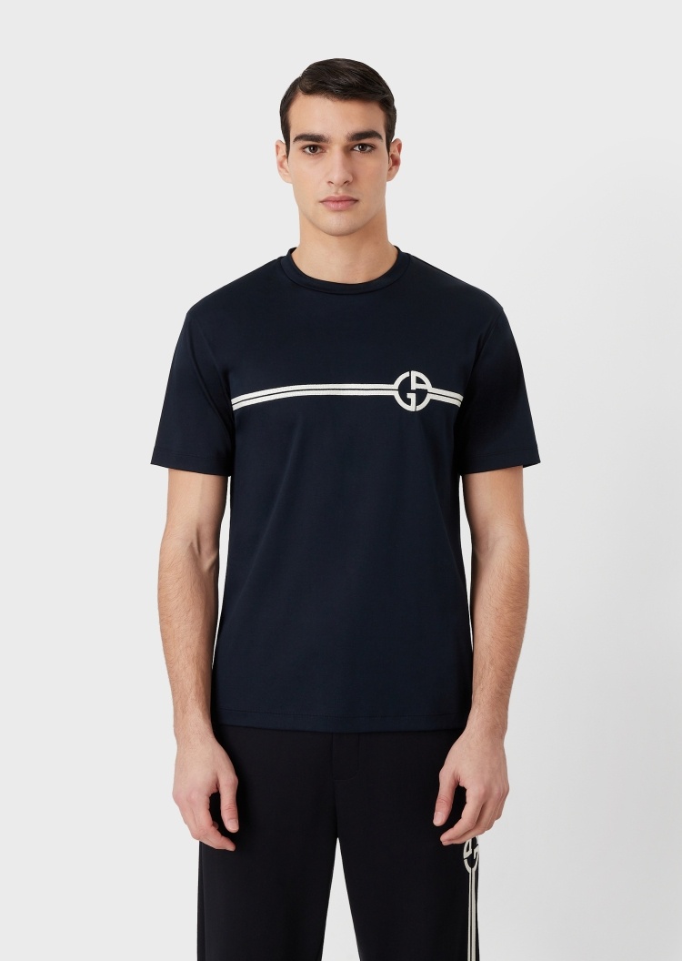 Giorgio Armani 男士双线LOGO全棉圆领短袖刺绣T恤
