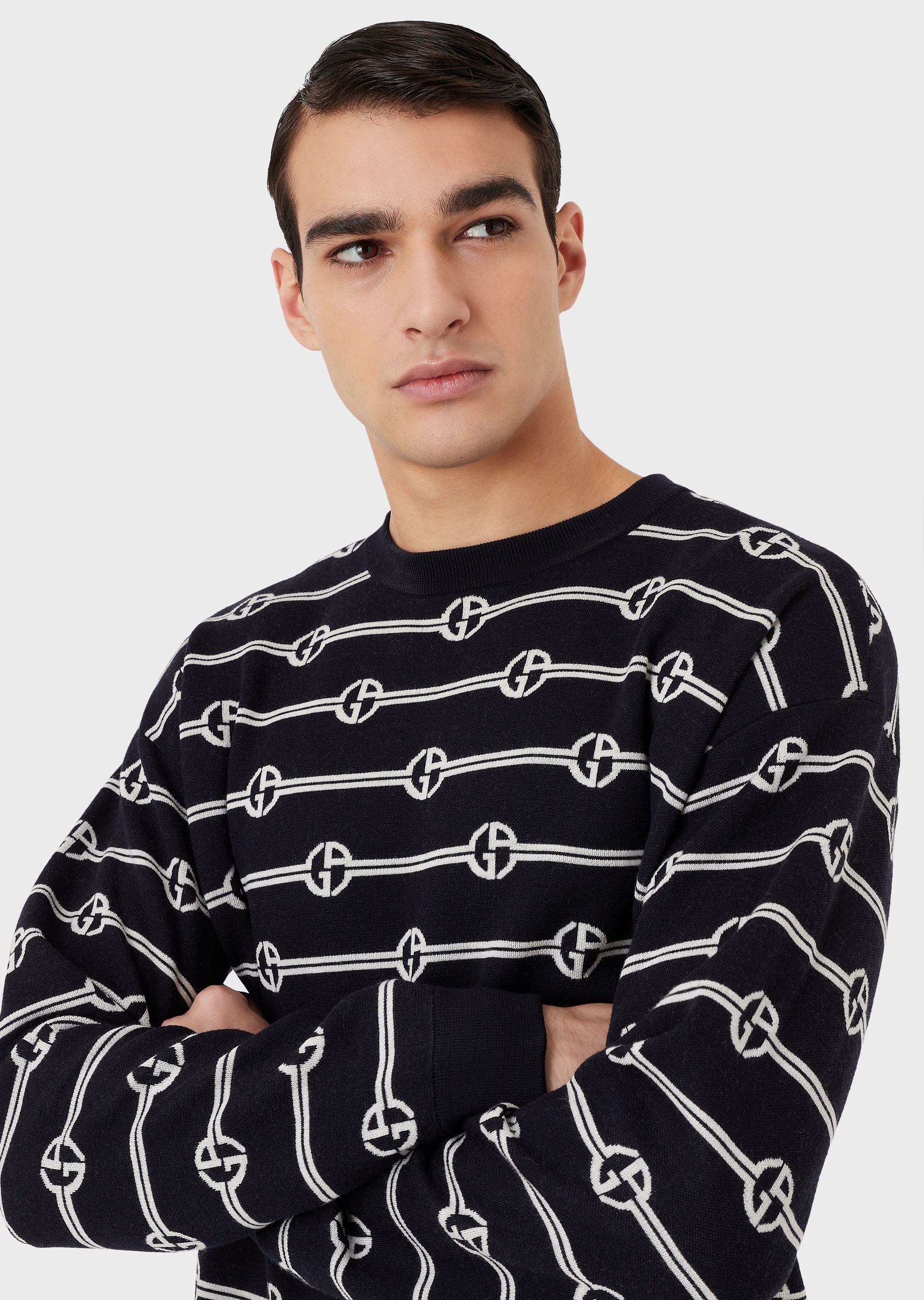 Giorgio Armani 男士通体LOGO条纹提花全绵羊毛宽松圆领毛衣