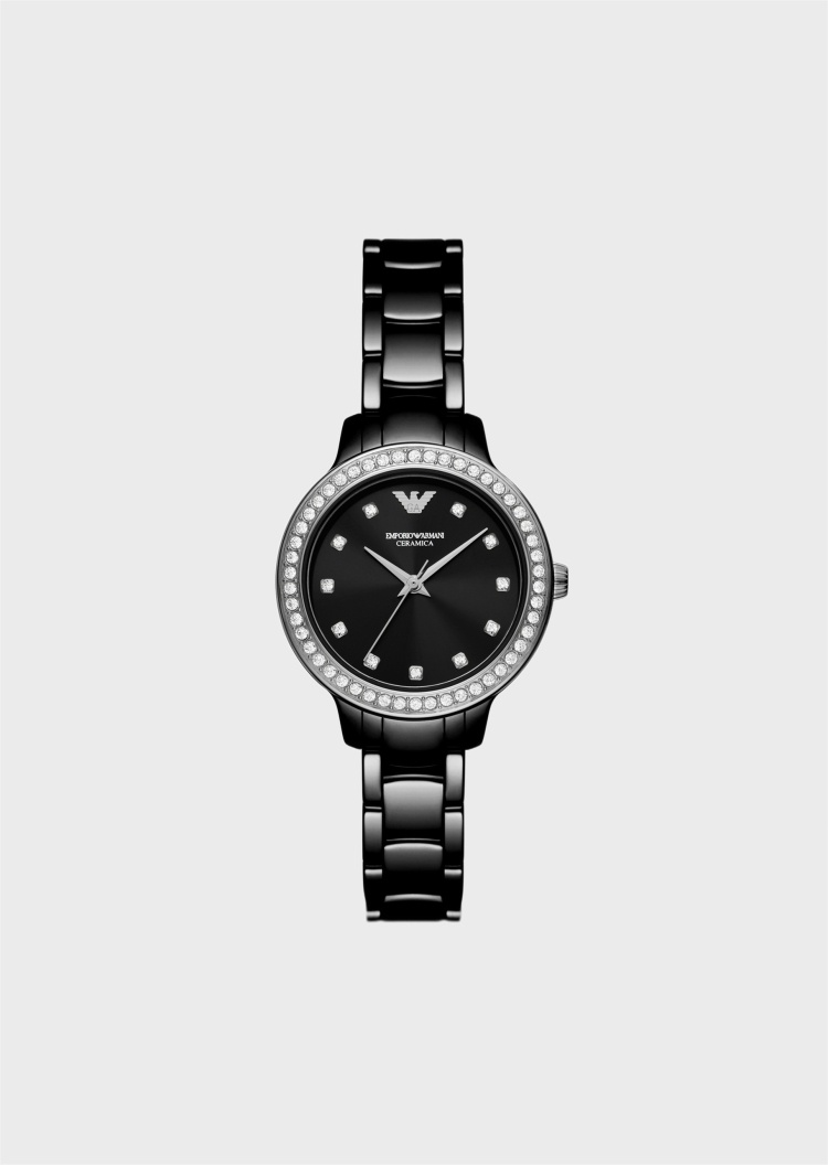 Emporio Armani 女士圆形密镶表盘雅黑陶瓷石英腕表