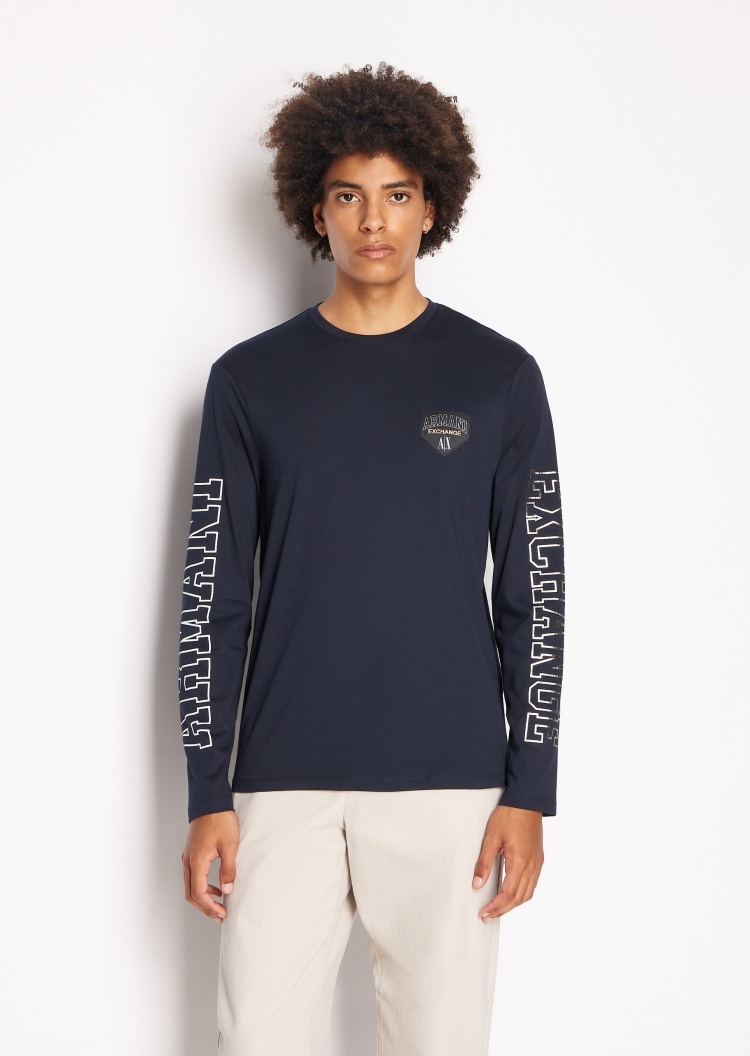 ARMANI EXCHANGE 男士全棉宽松罗纹圆领长袖镂空印花T恤