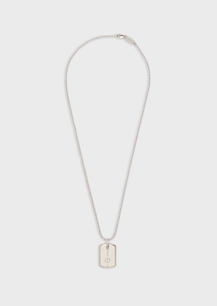 Giorgio Armani 男士休闲LOGO镌刻银质珠链牌型吊坠项链