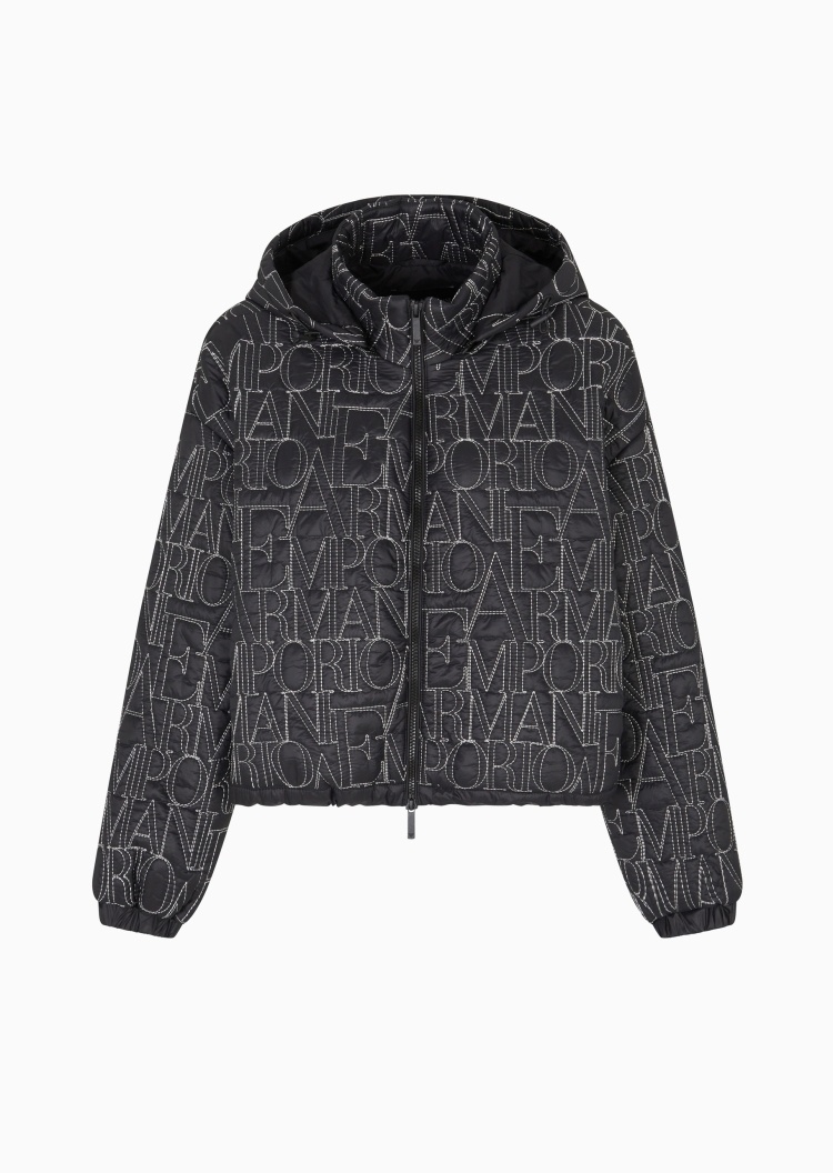 Emporio Armani 女士短款长袖可拆连帽通体刺绣拉链休闲棉服