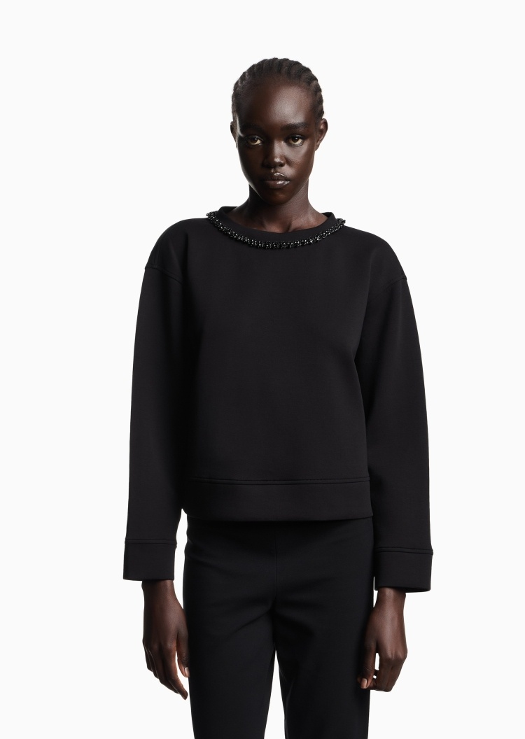 Emporio Armani 女士圆领重磅短款落肩水钻通勤休闲卫衣