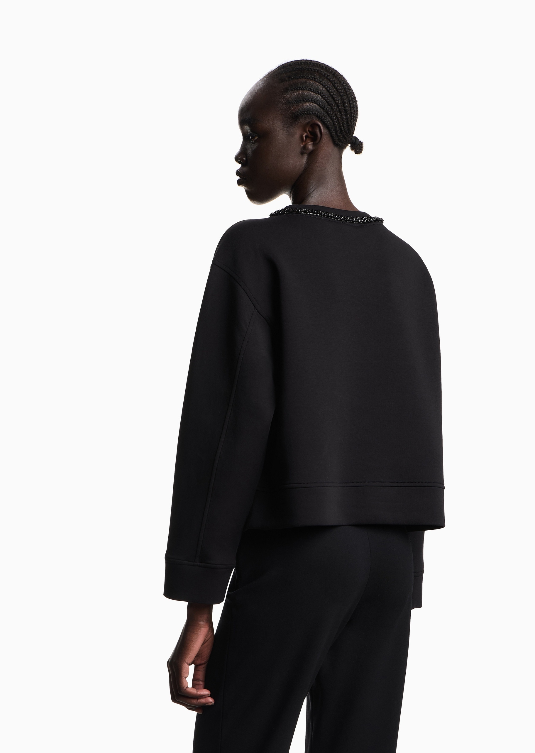 Emporio Armani 女士圆领重磅短款落肩水钻通勤休闲卫衣