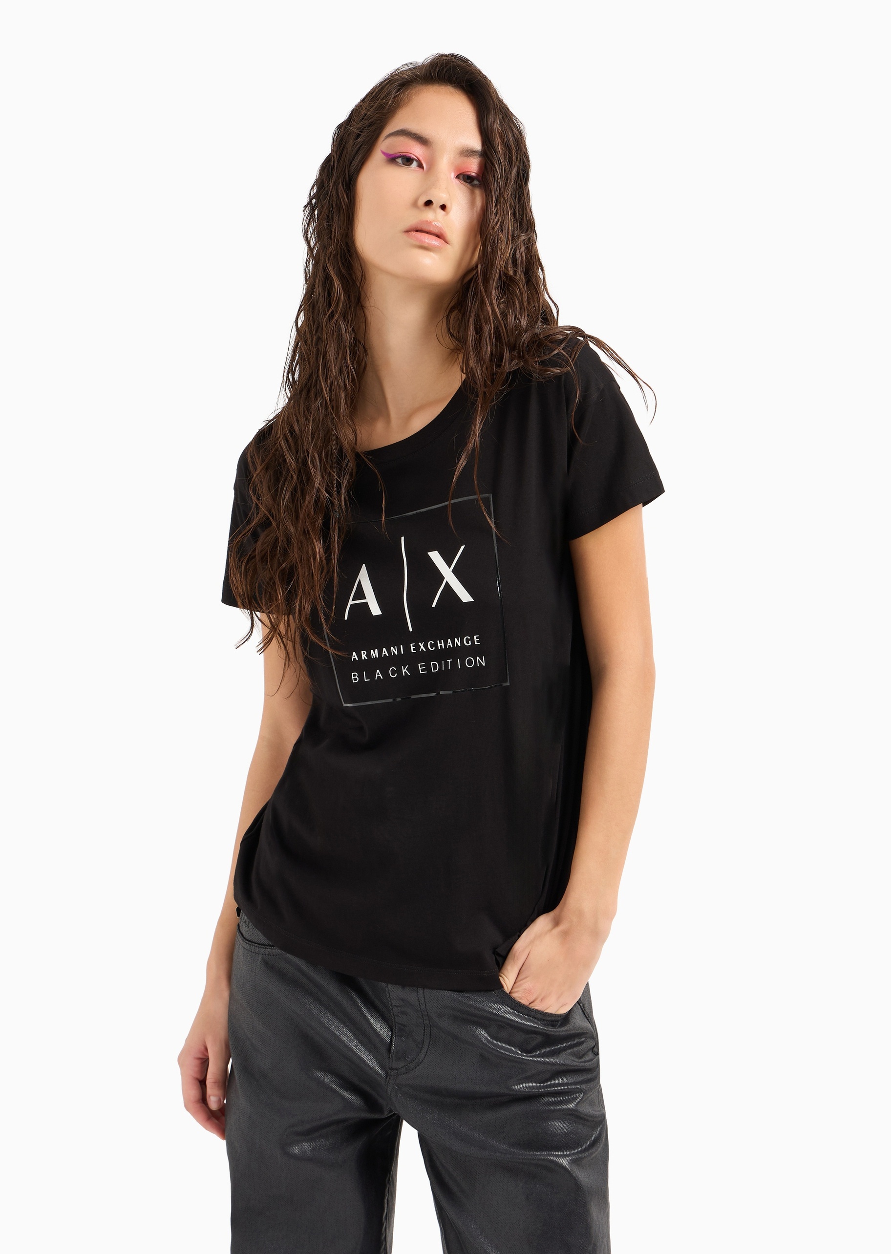 ARMANI EXCHANGE 女士全棉合身短袖圆领撞色印花T恤