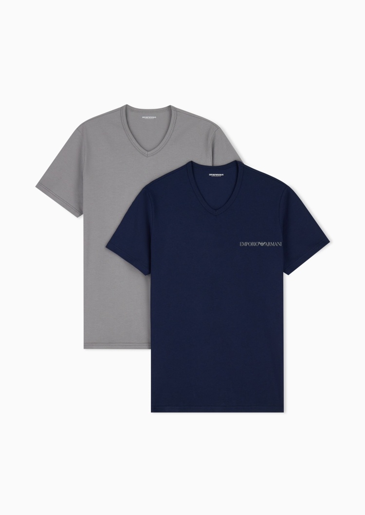 Emporio Armani 男士弹力短袖V领两件装印花家居T恤套装