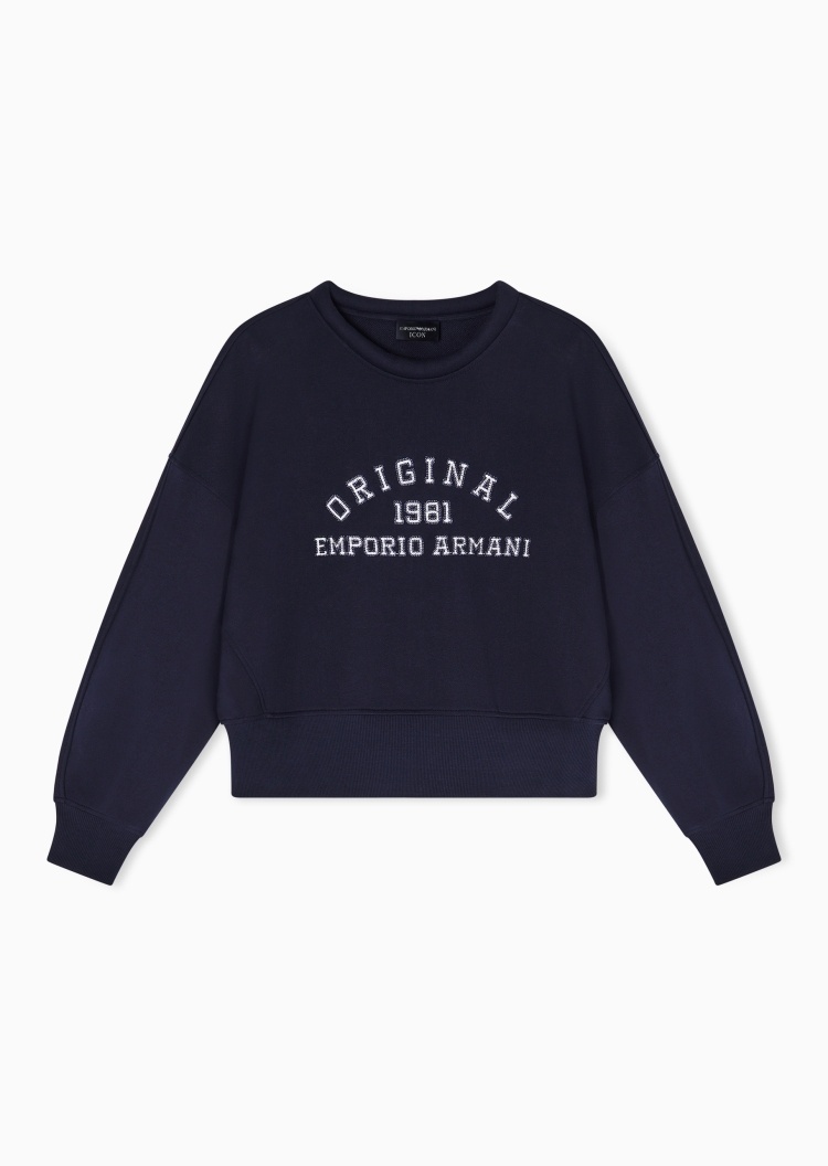 Emporio Armani 女士纯棉宽松短款圆领落肩毛圈刺绣卫衣