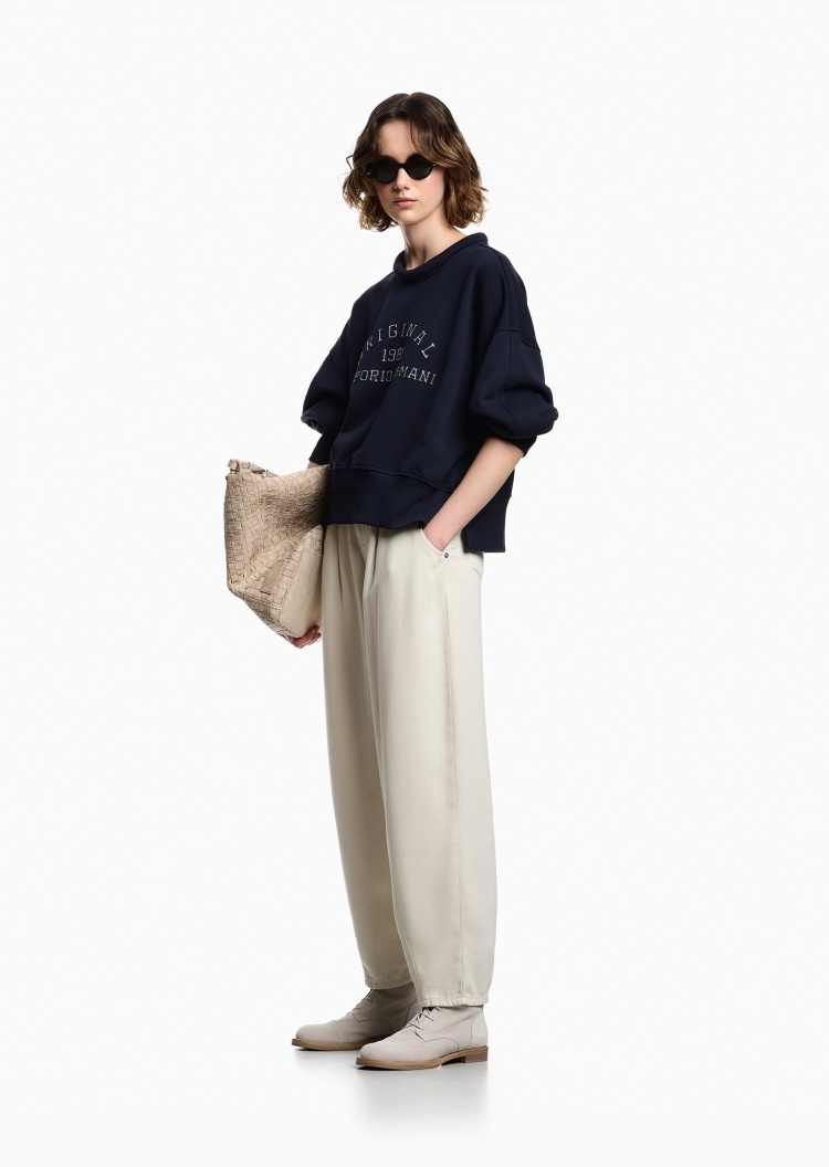 Emporio Armani 女士纯棉宽松短款圆领落肩毛圈刺绣卫衣