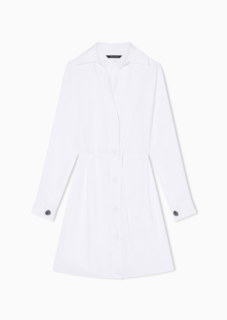ARMANI EXCHANGE 女士纯棉长袖翻领收腰纯色连衣裙