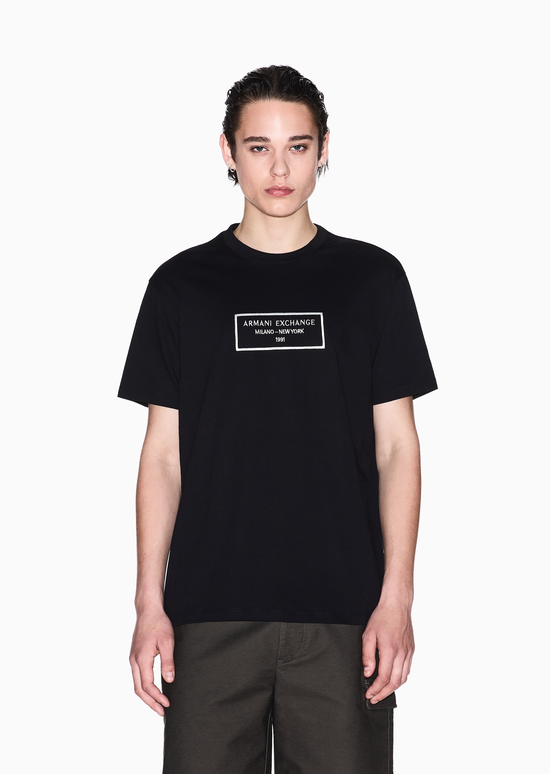ARMANI EXCHANGE 男士全棉合身短袖圆领正肩标识刺绣T恤