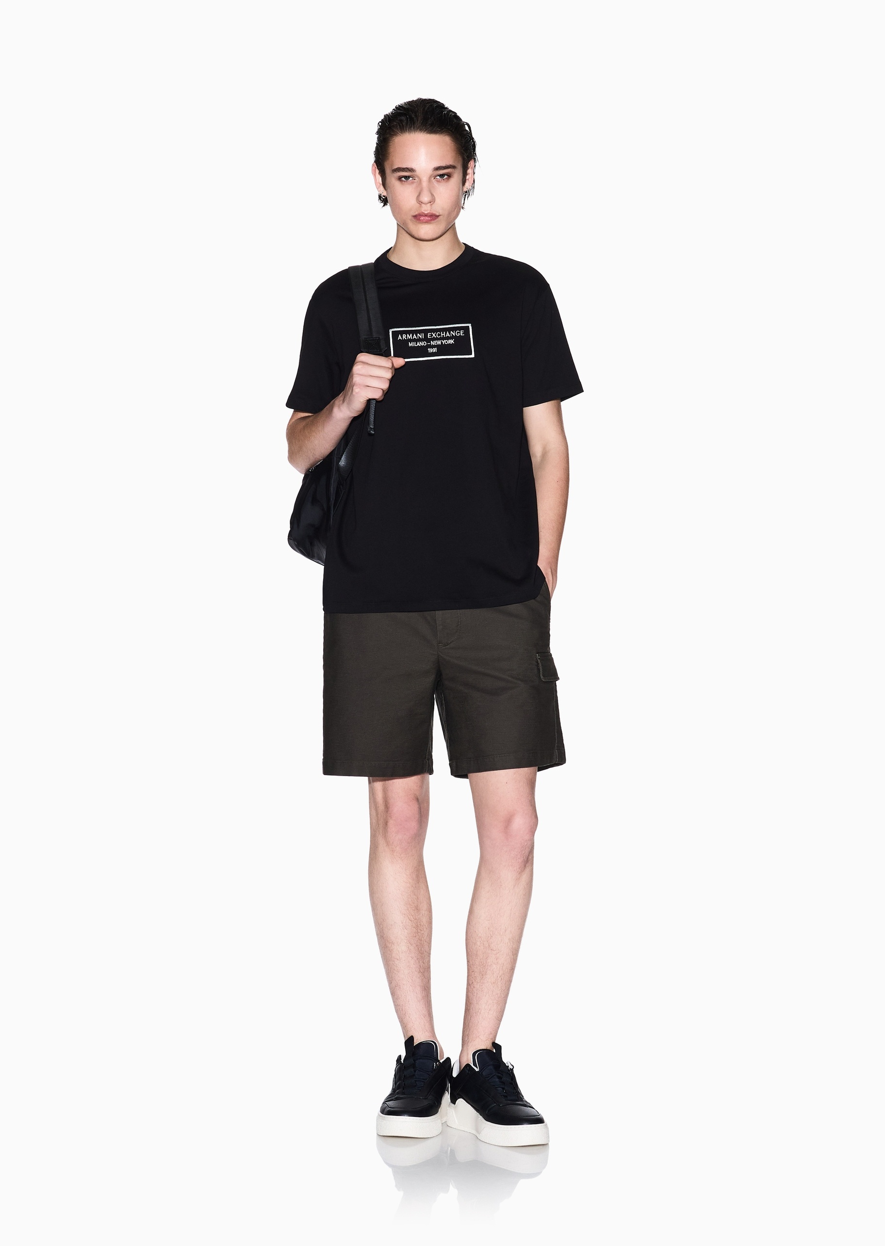 ARMANI EXCHANGE 男士全棉合身短袖圆领正肩标识刺绣T恤