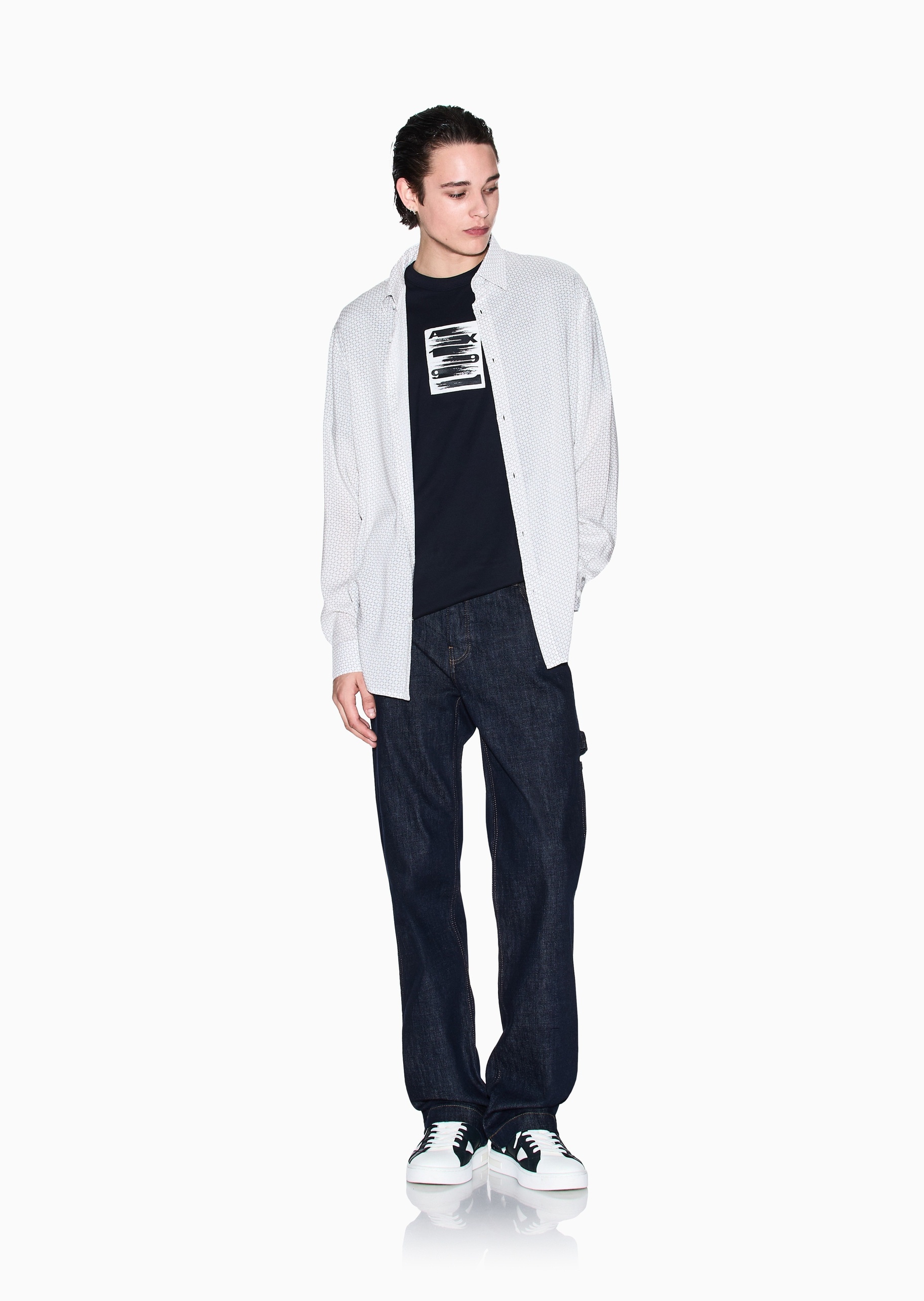 ARMANI EXCHANGE 男士人造棉宽松长袖翻领满印徽标衬衫