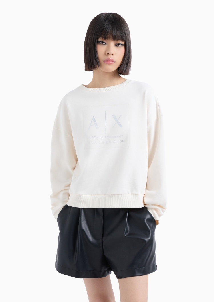 ARMANI EXCHANGE 女士棉质重磅合身长袖圆领落肩印花卫衣