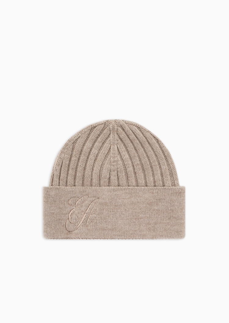 Emporio Armani 女士全绵羊毛圆顶翻边刺绣休闲针织帽