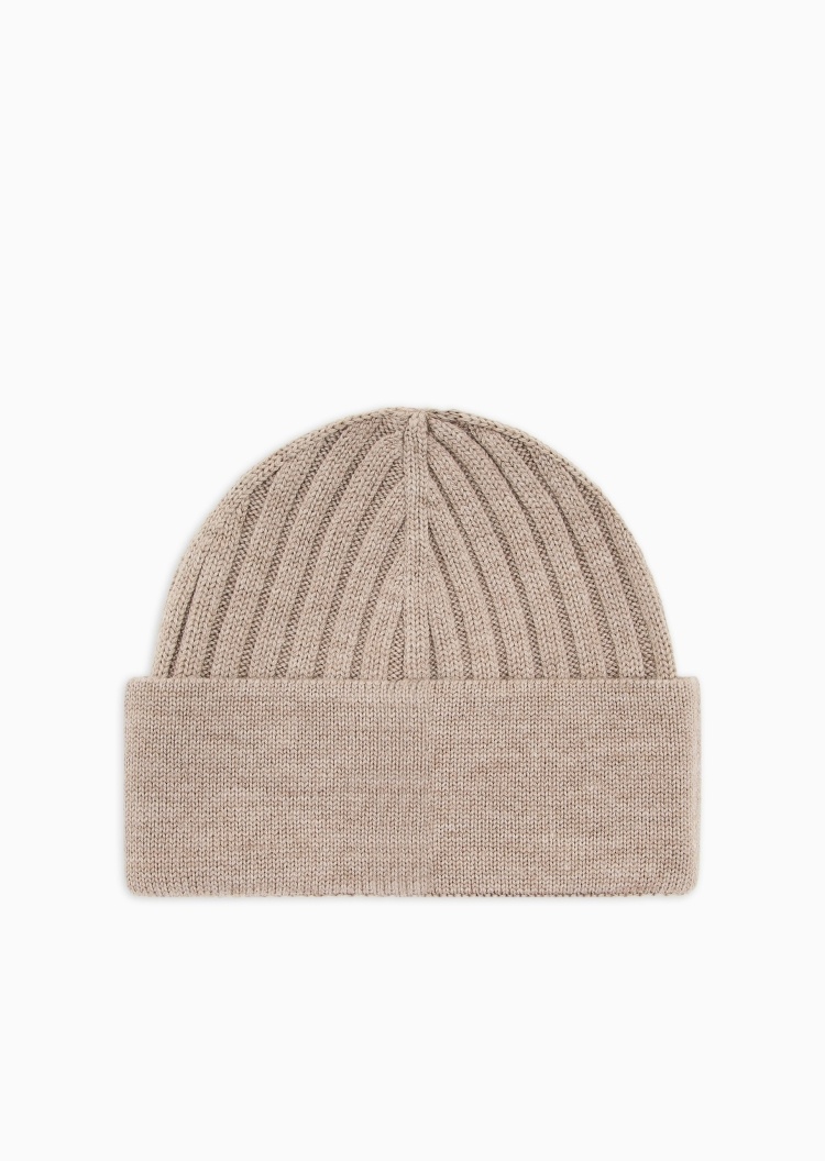 Emporio Armani 女士全绵羊毛圆顶翻边刺绣休闲针织帽