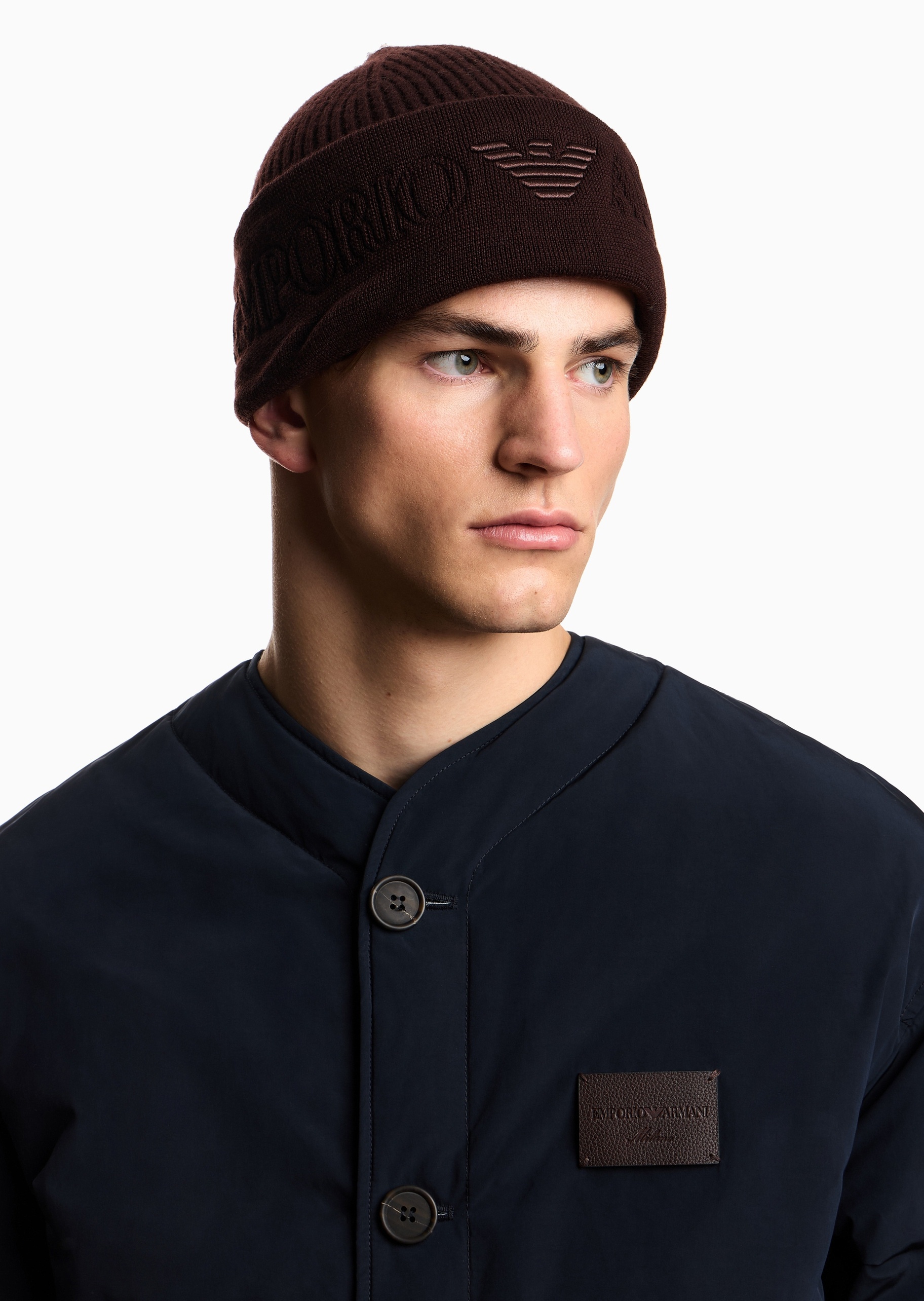 Emporio Armani 男士绵羊毛圆顶翻边休闲针织毛线帽