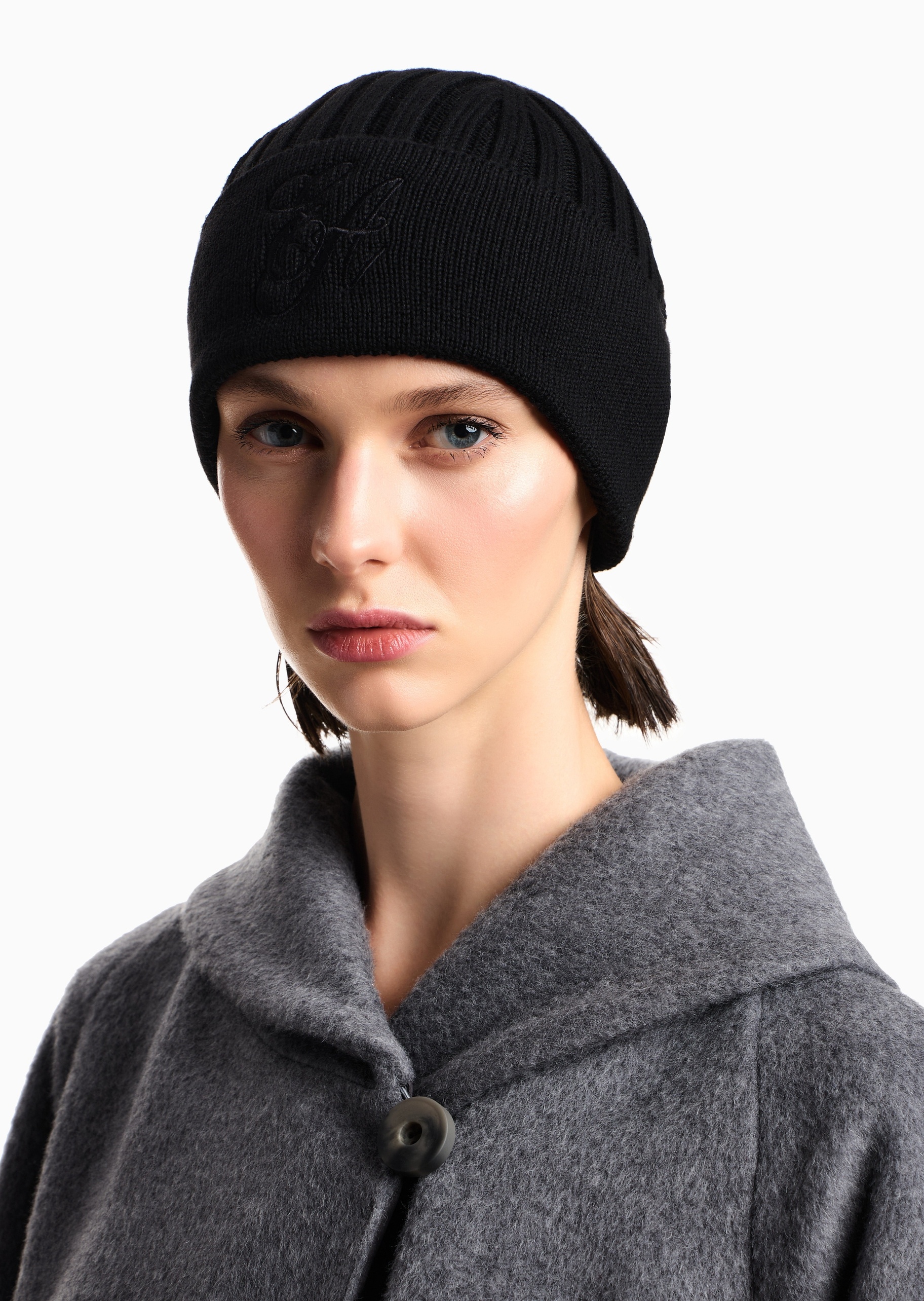 Emporio Armani 女士全绵羊毛圆顶翻边刺绣休闲针织帽