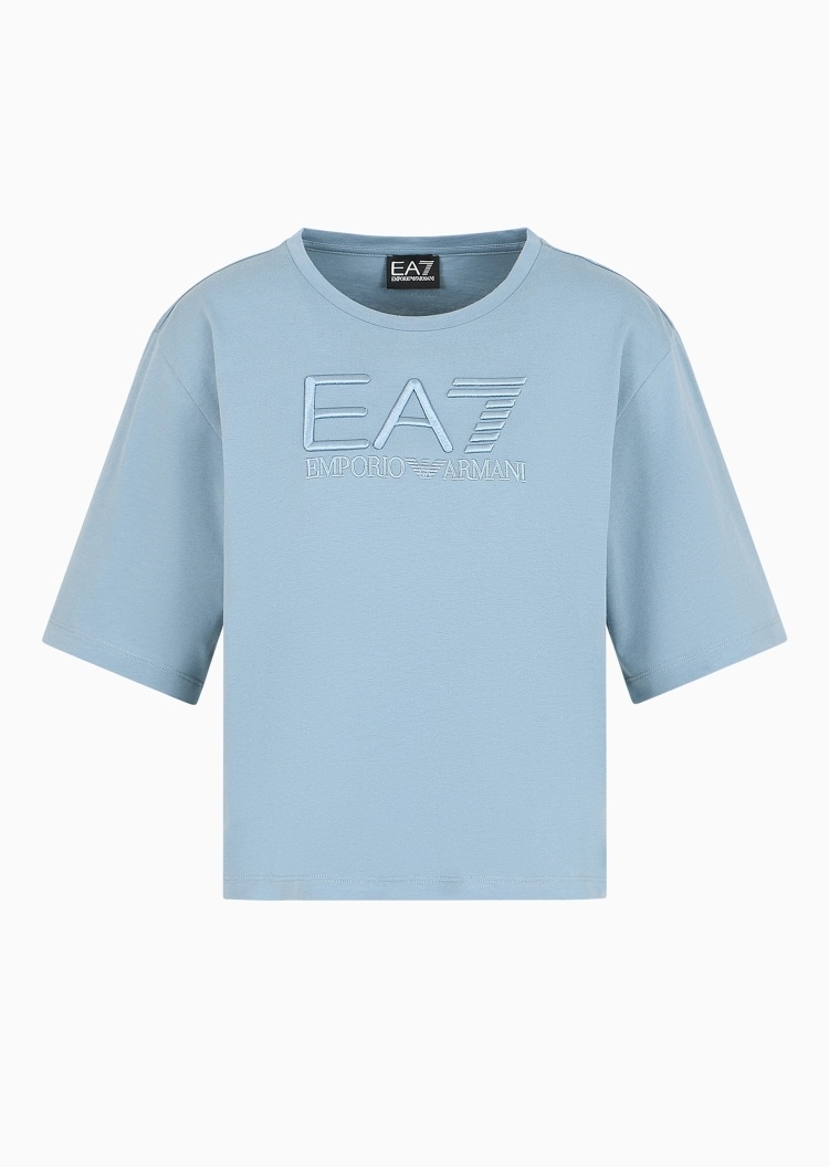EA7 女士全棉合身短袖短款圆领落肩纯色健身T恤