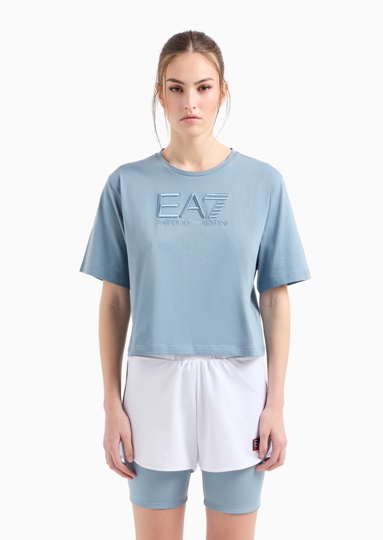 EA7 女士全棉合身短袖短款圆领落肩纯色健身T恤