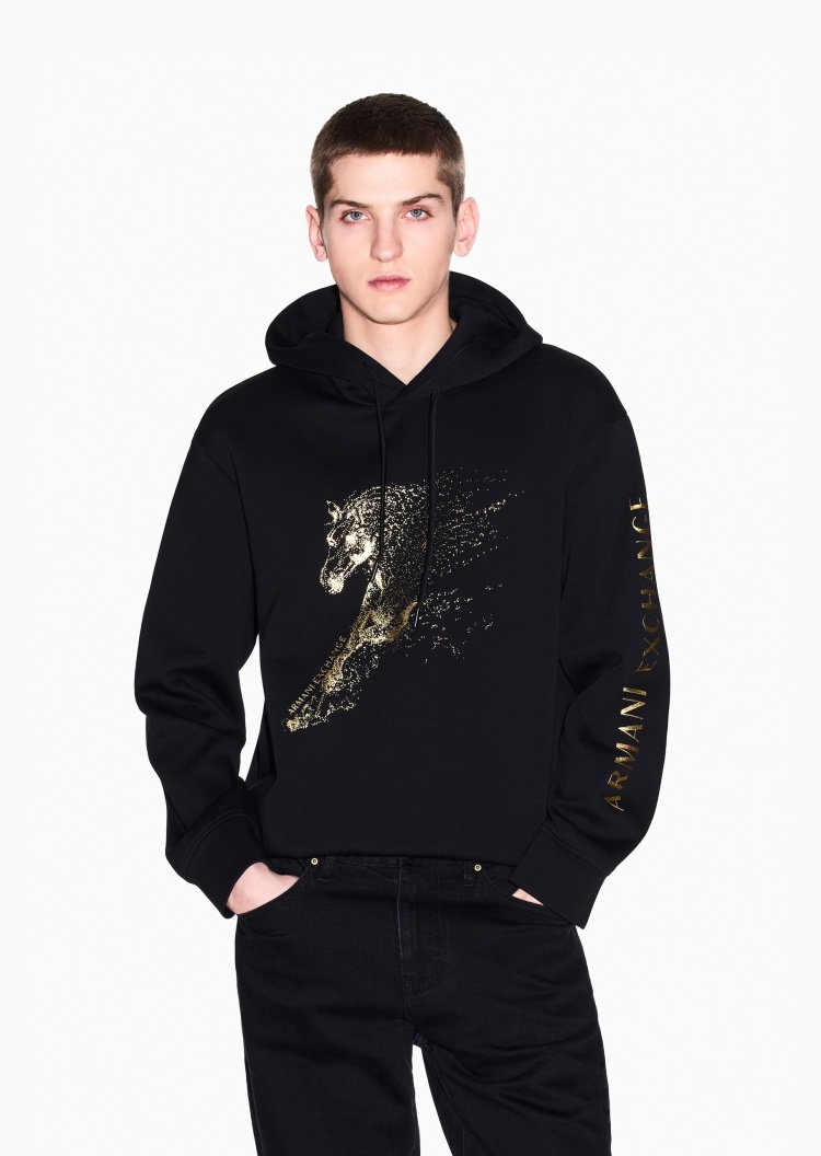 ARMANI EXCHANGE 男士微弹合身长袖连帽撞色印花休闲卫衣