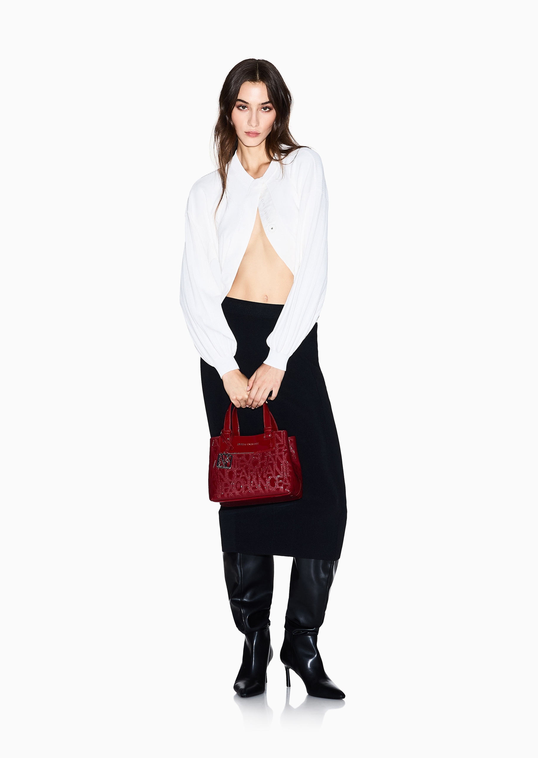 ARMANI EXCHANGE 女士圆领落肩复古灯笼袖针织开衫外套