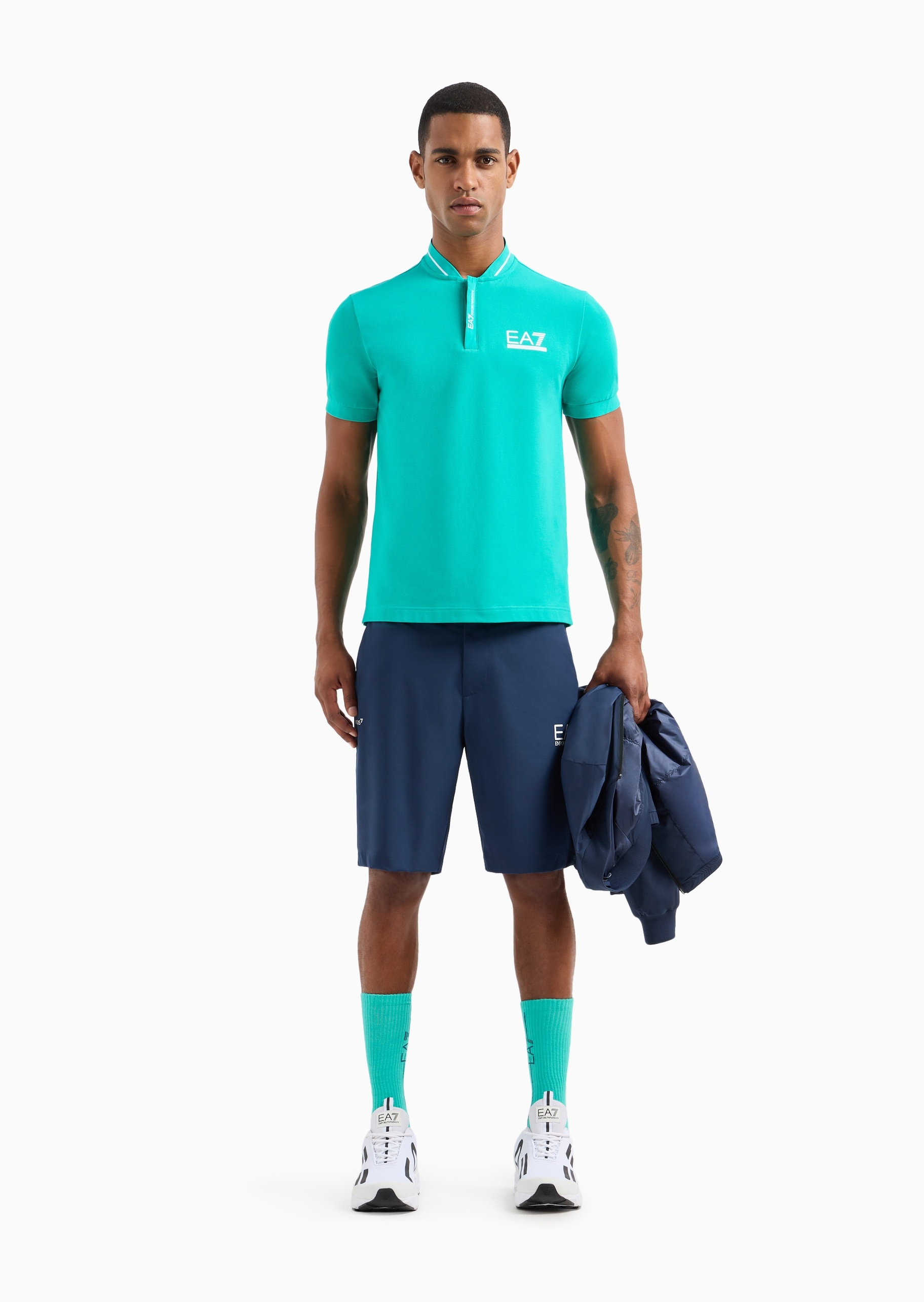 EA7 男士纯棉微弹短袖棒球领网球运动Polo衫