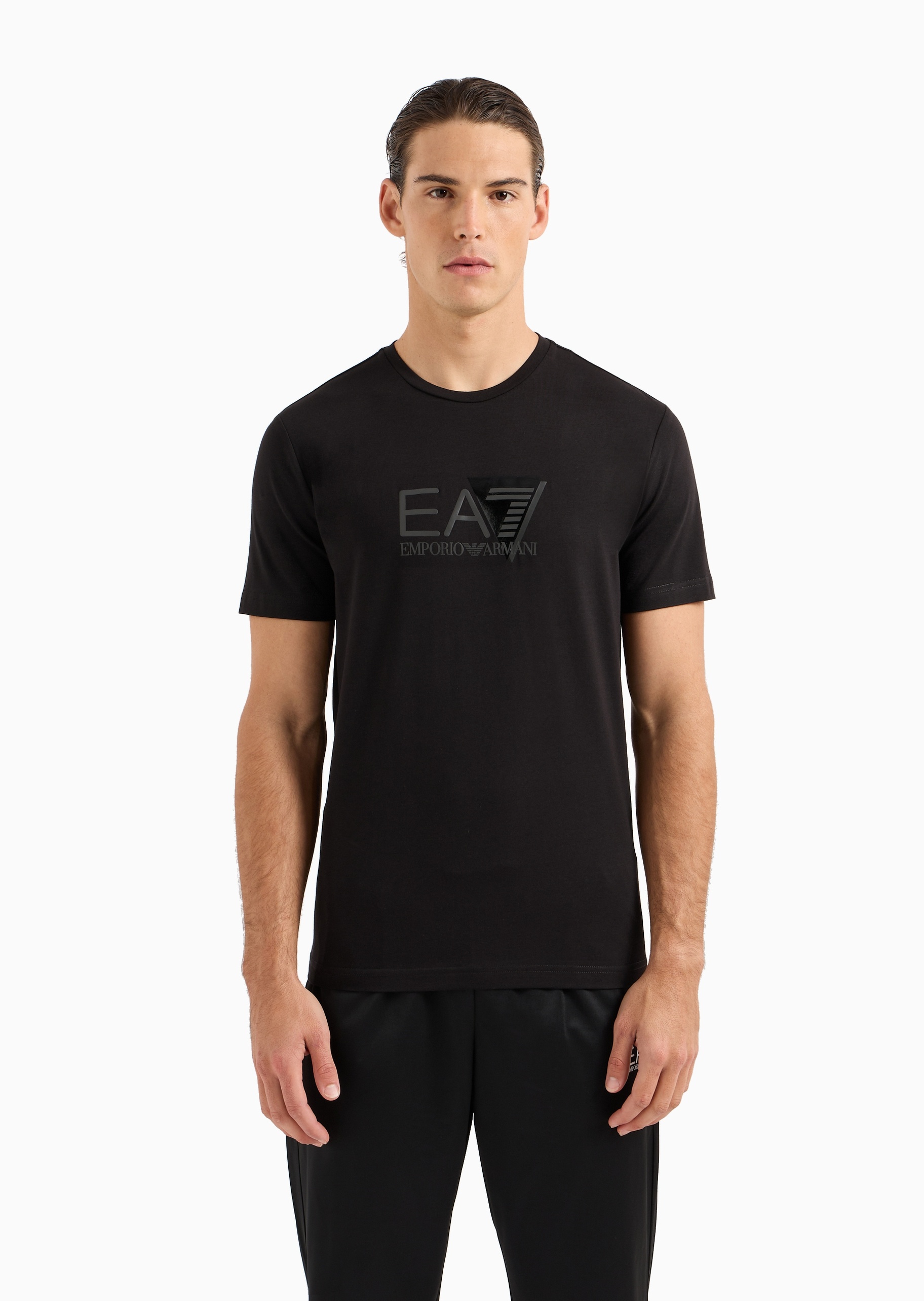 EA7 男士弹力重磅合身短袖圆领LOGO健身T恤