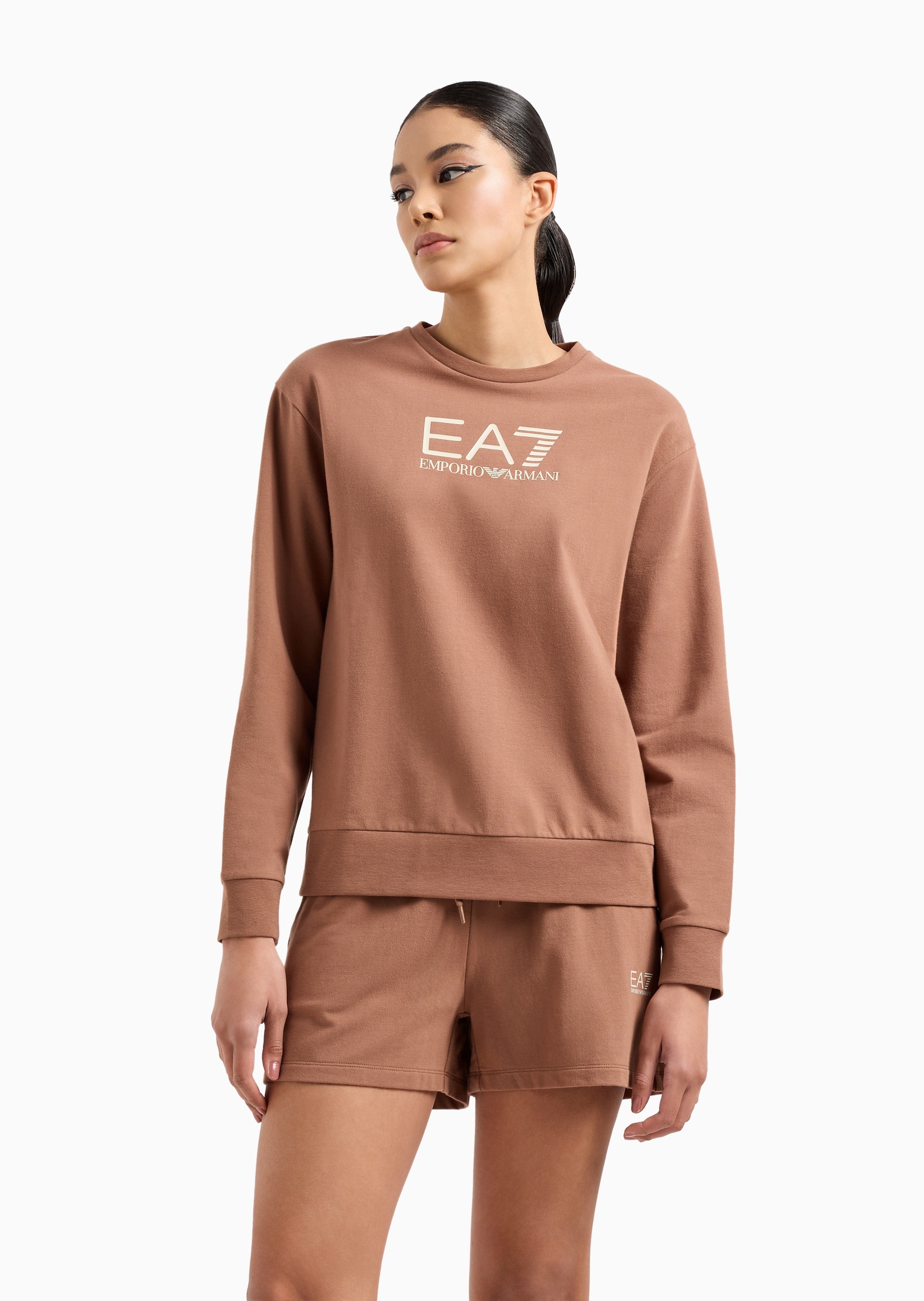 EA7 女士纯棉弹力套头卫衣短裤印花健身运动套装